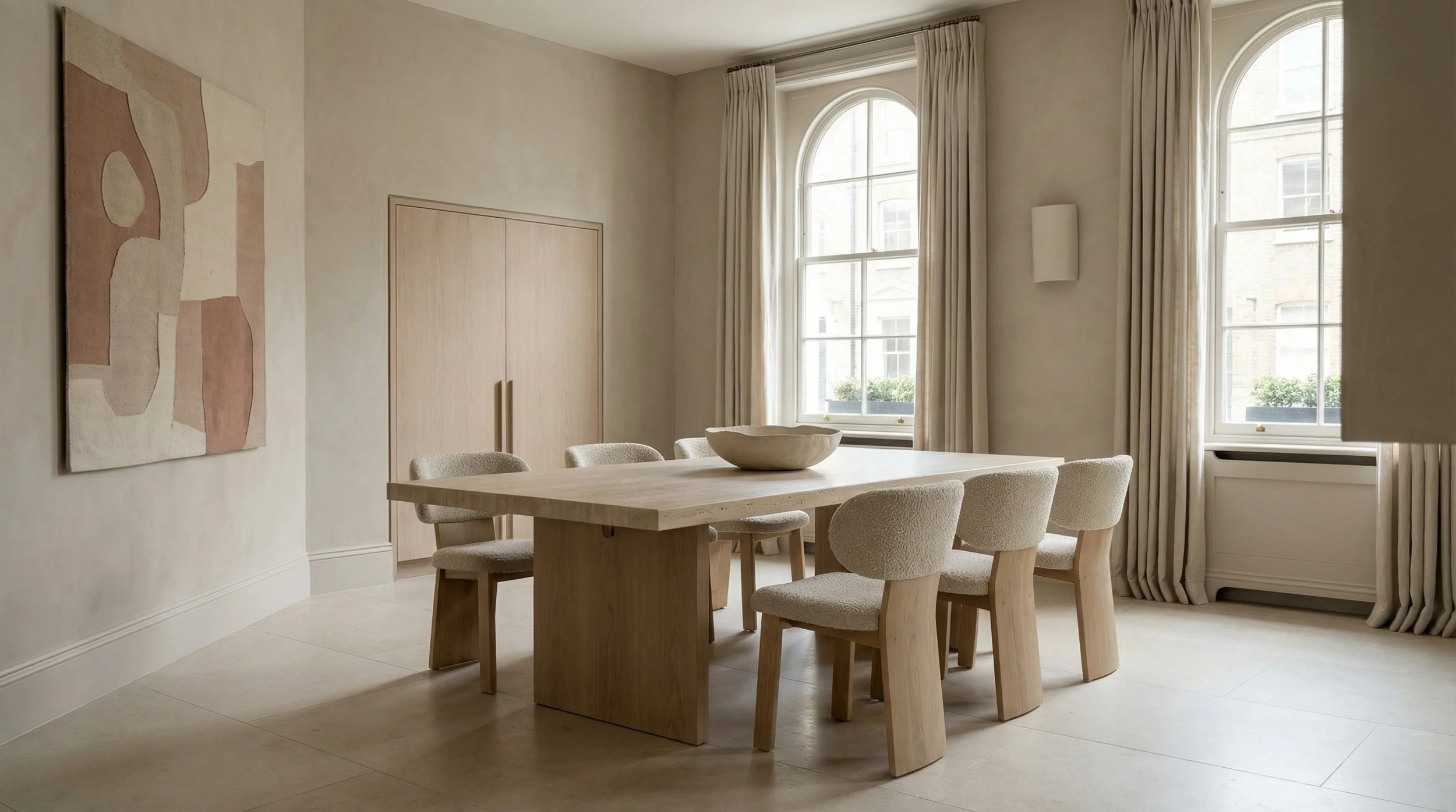 Luxury minimalist dining room with solid oak table, sculptural chairs and arched windows - Harun Taylor Design London