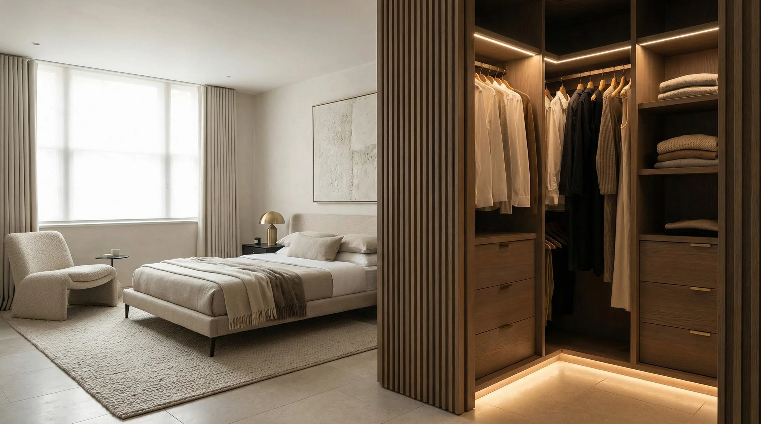 Luxury minimalist bedroom and walk-in wardrobe in London with bespoke timber cabinetry and warm integrated lighting, designed by Harun Taylor Design