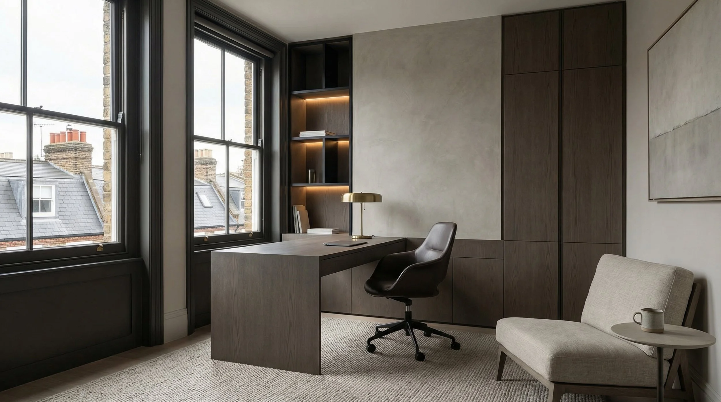 Luxury minimalist home office in a London townhouse with bespoke dark-wood cabinetry, integrated desk, and black-framed windows, designed by Harun Taylor Design