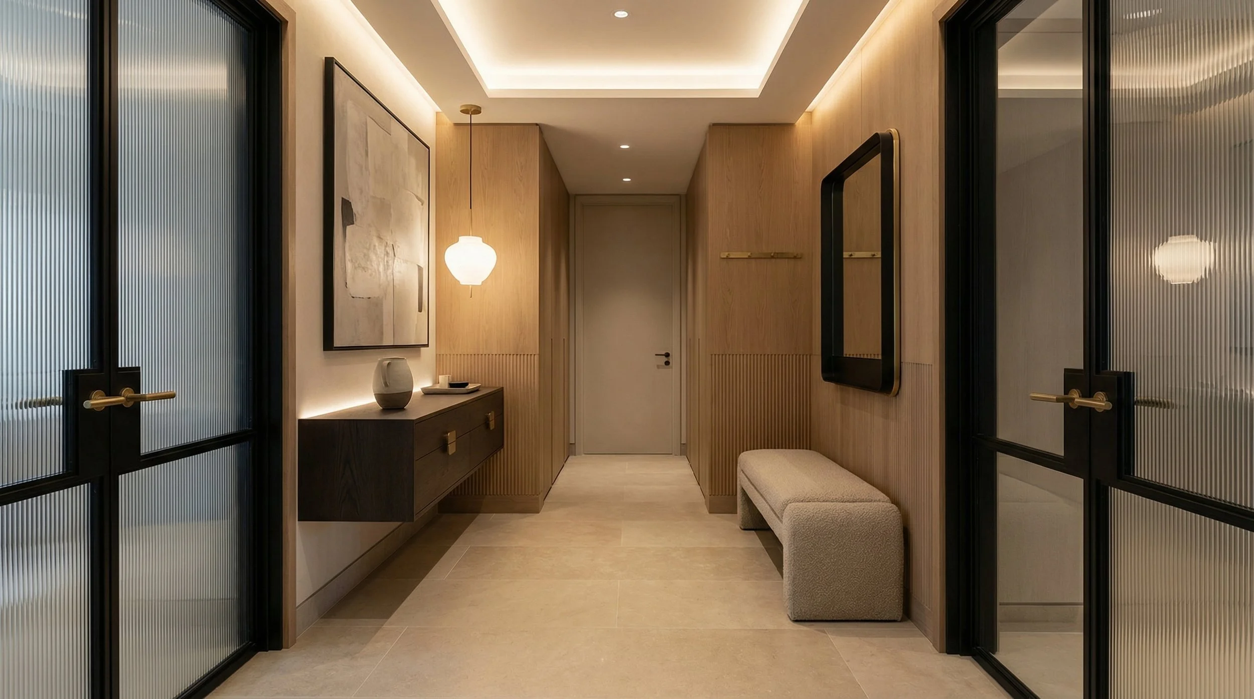 Luxury minimalist hallway in London with fluted oak wall detailing, reeded glass doors, brass hardware, and warm architectural lighting, designed by Harun Taylor Design