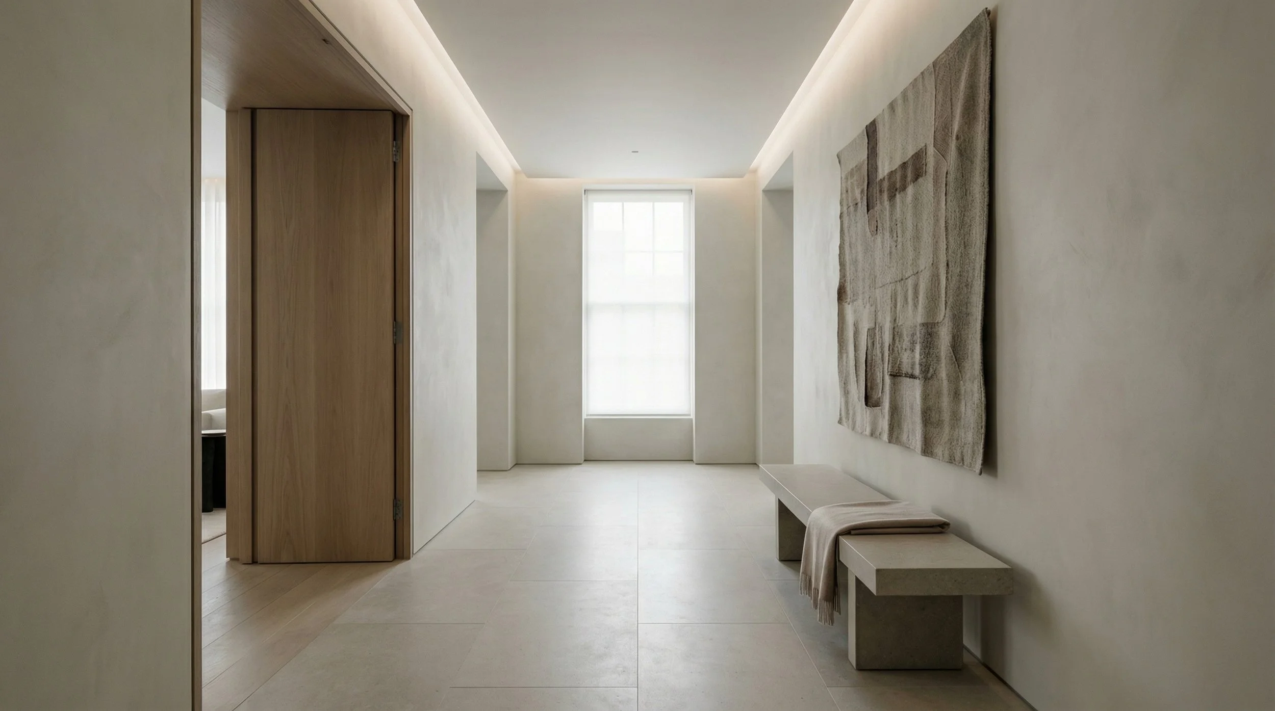 Luxury minimalist entrance hall with oak door, stone bench and soft cove lighting - Harun Taylor Design London