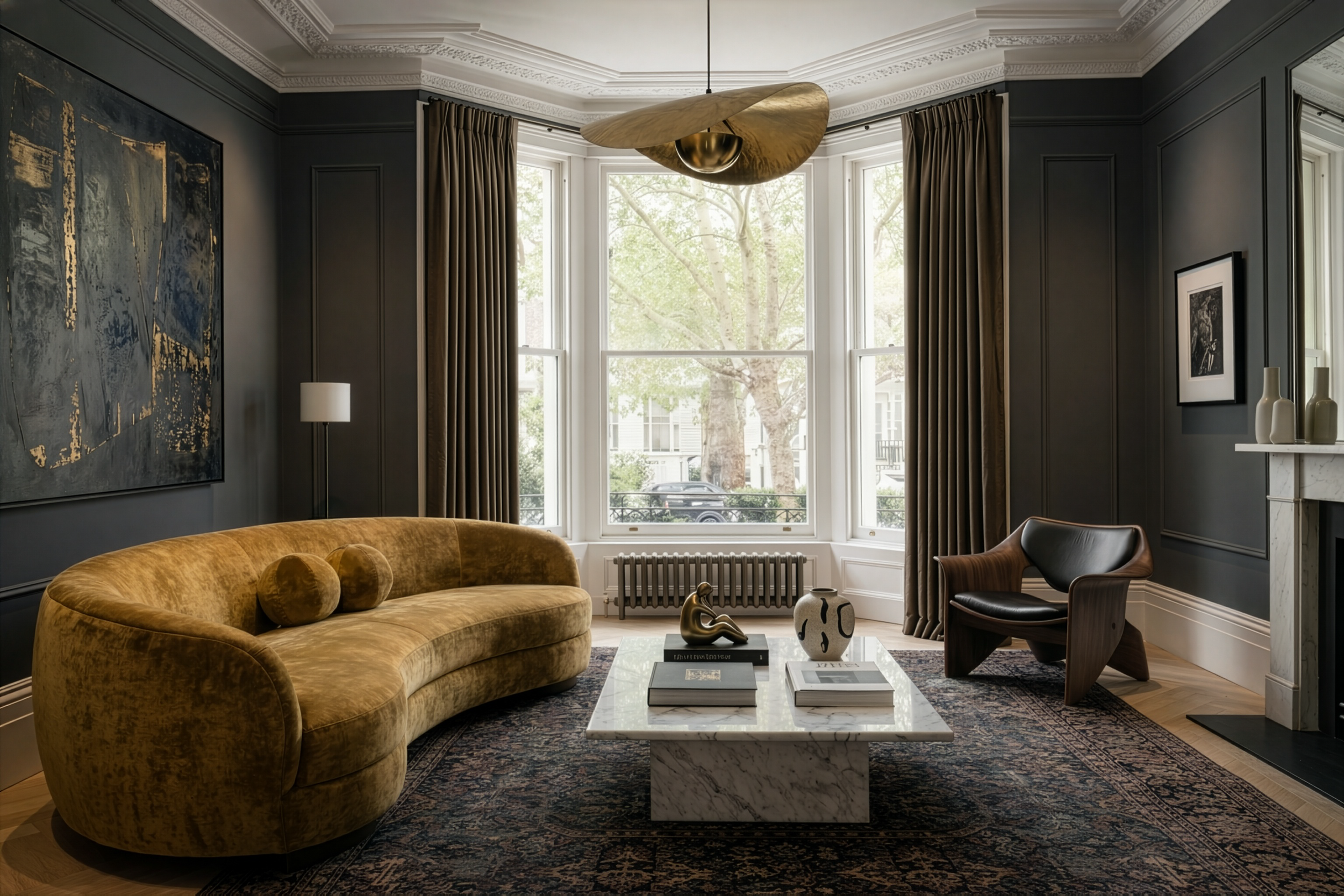 Quiet luxury living room in a London Victorian townhouse with dark wall panelling, sculptural brass pendant light, curved velvet sofa and marble coffee table.
