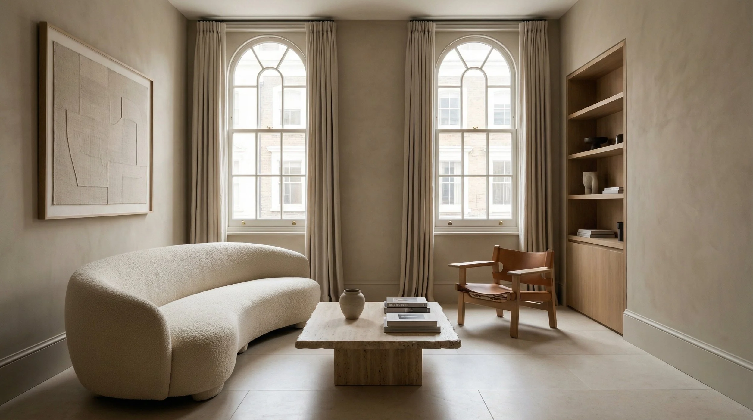 Luxury minimalist living room with bespoke oak joinery, curved sofa and black-framed windows - London interior design