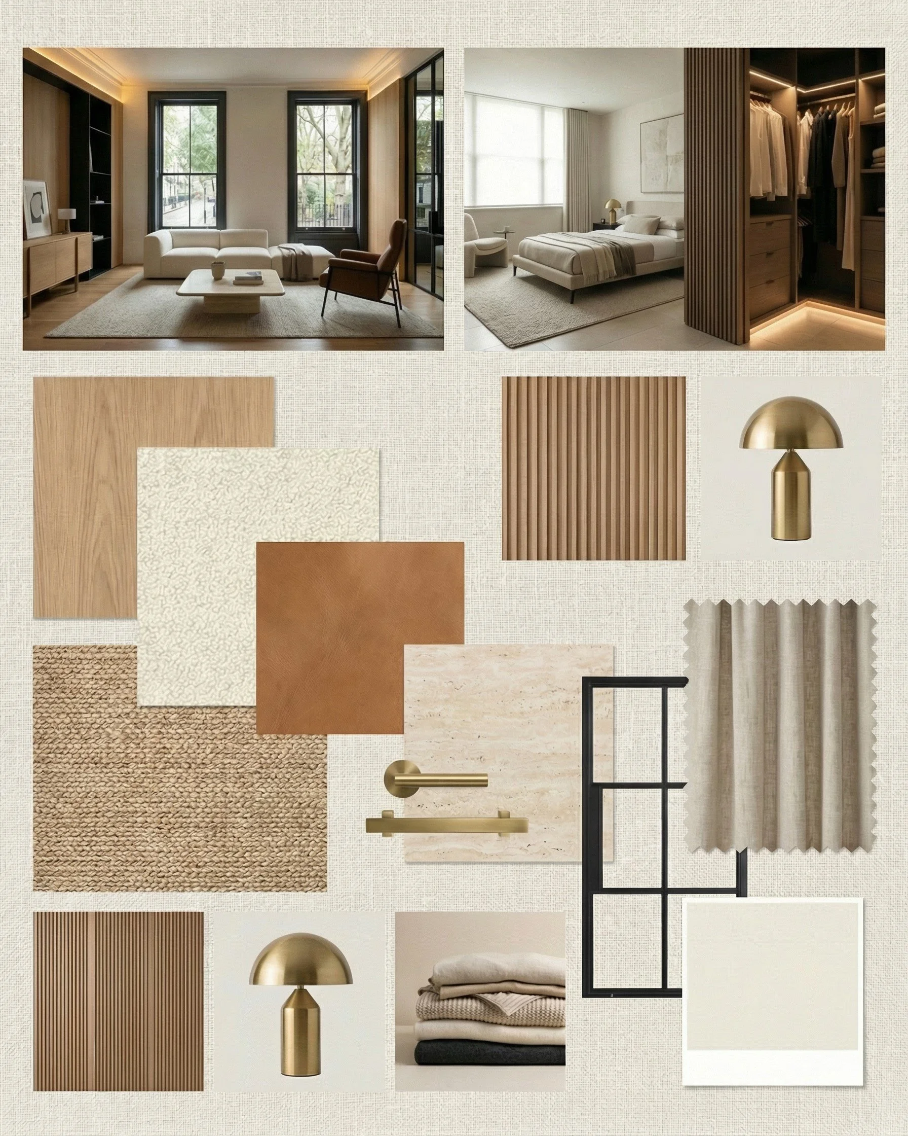 Luxury minimalist London interior design moodboard by Harun Taylor Design featuring natural oak joinery, travertine stone, brass lighting, linen textiles and black-framed glazing