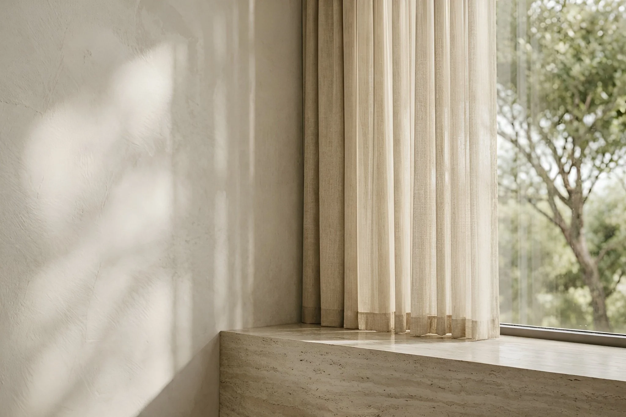 Detail of a minimalist luxury interior in London featuring sheer beige curtains, soft natural light, and a sculpted travertine window ledge. A serene high-end design element blending texture and nature.