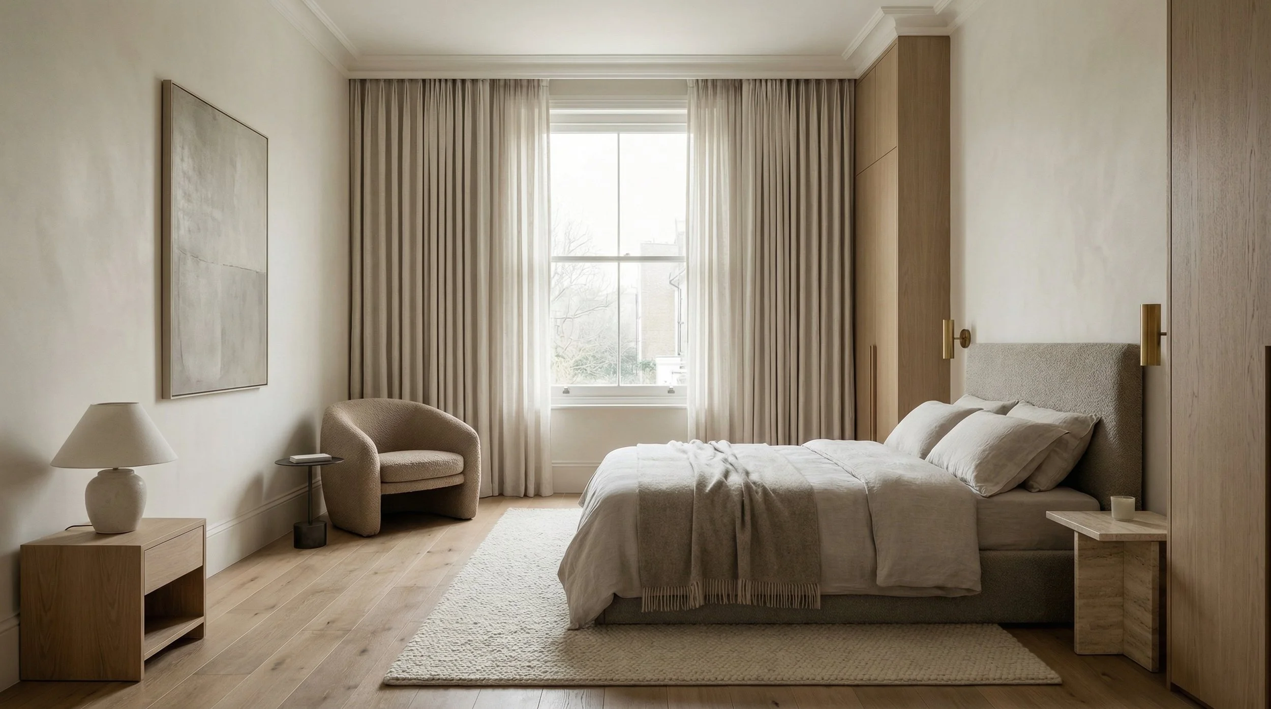 Luxury minimalist bedroom in London with neutral textiles, bespoke oak built-in storage, and soft natural daylight, designed by Harun Taylor Design
