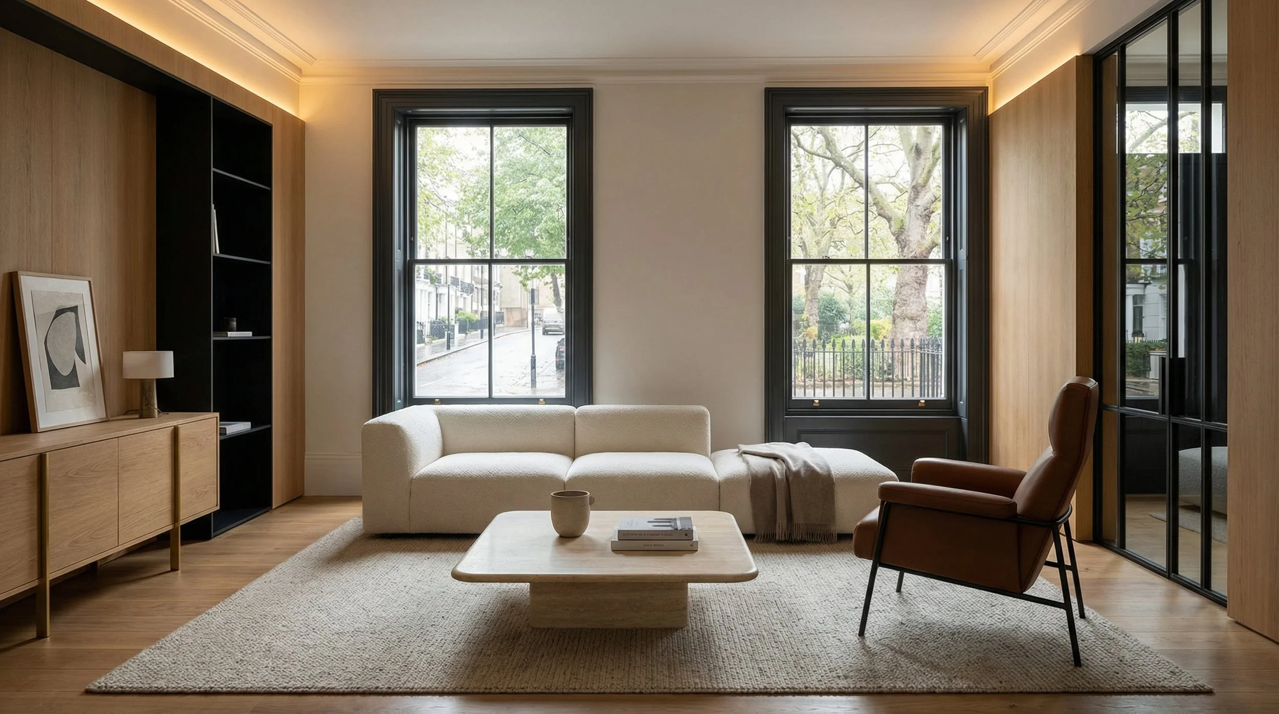Luxury minimalist living room in a London home with bespoke oak joinery, black-framed sash windows, and warm ambient lighting, designed by Harun Taylor Design