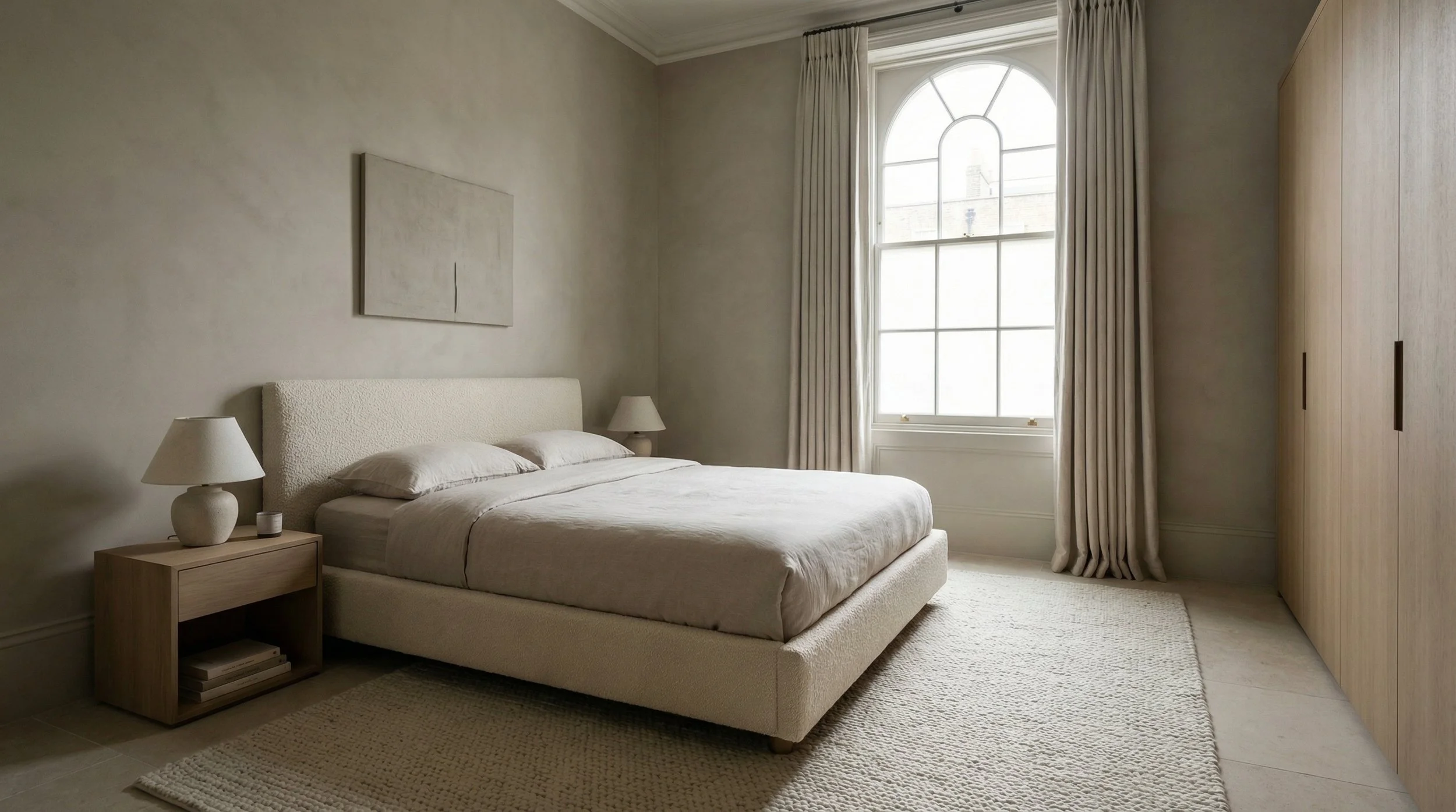 Calm luxury minimalist guest bedroom with textured headboard, arched window and warm lighting - London interior design
