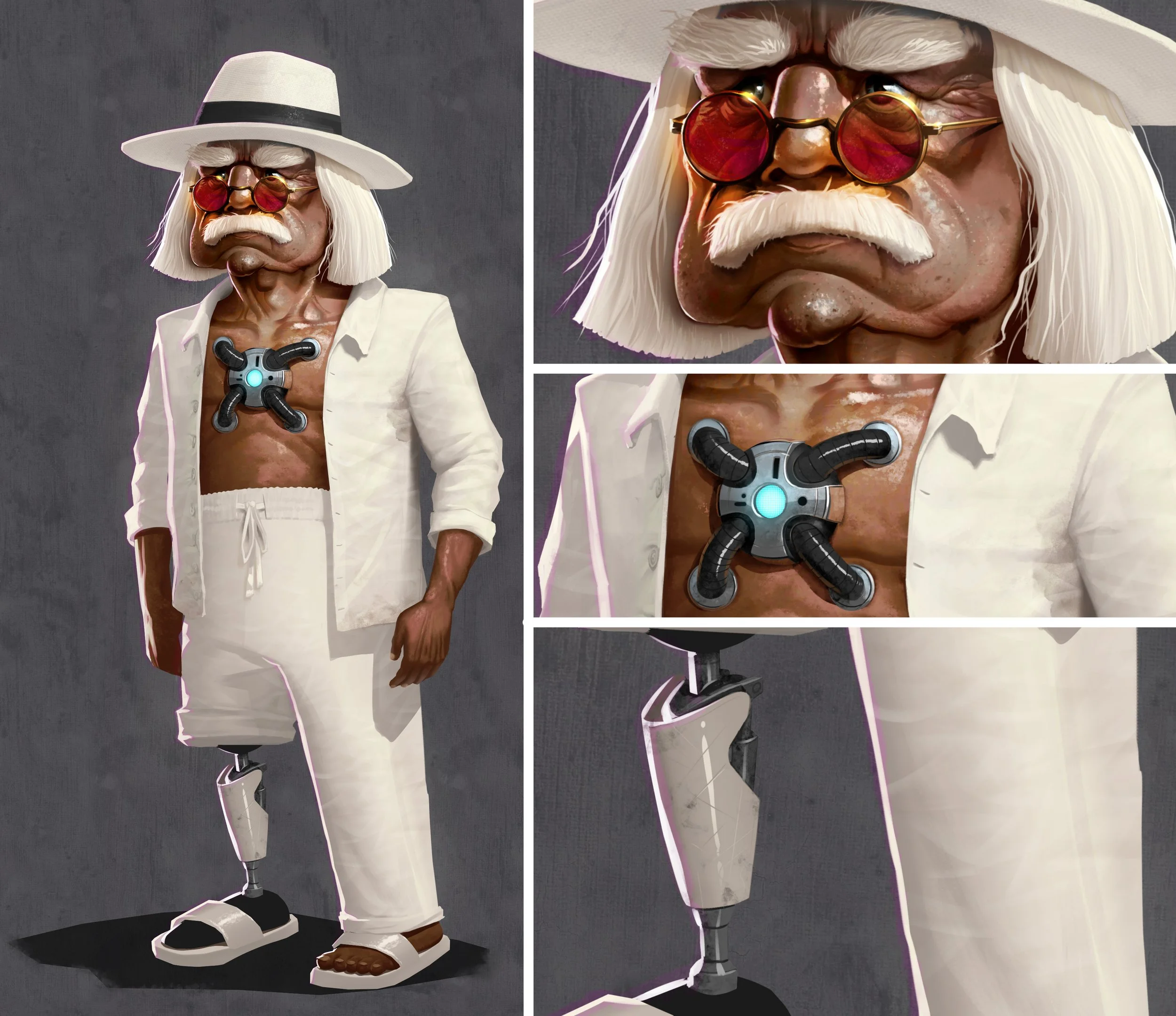 Next I explore the character in a fully rendered concept image. At this stage I want to capture the final look with proportions, shapes, all the details and different materials.