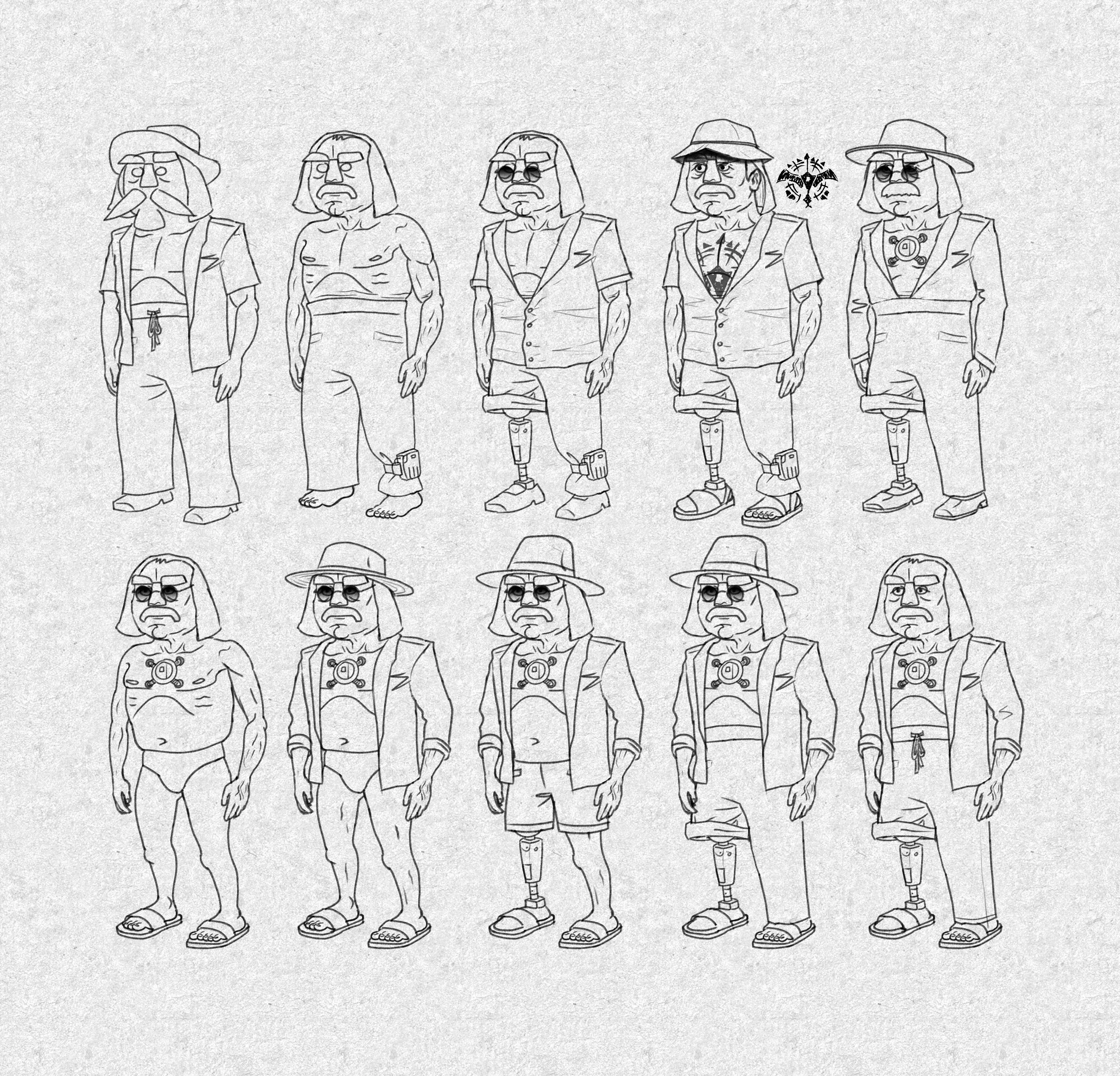 I expand on the idea and quickly go through some ideas and outfit options. I want to show his past as a great leader of galactic militaries and his current state as a VIP prisoner. I want his outfit to reflect his living environment which is tropical