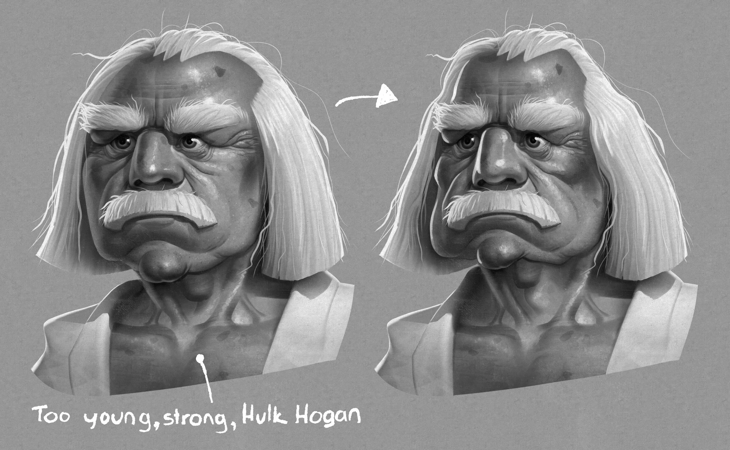 The head and face are important for the feel of this character so I decide to explore it already by doing a black and white render. I use the shapes defined in the sketch. I discover that the result is not exactly what I was going for. When I see it 