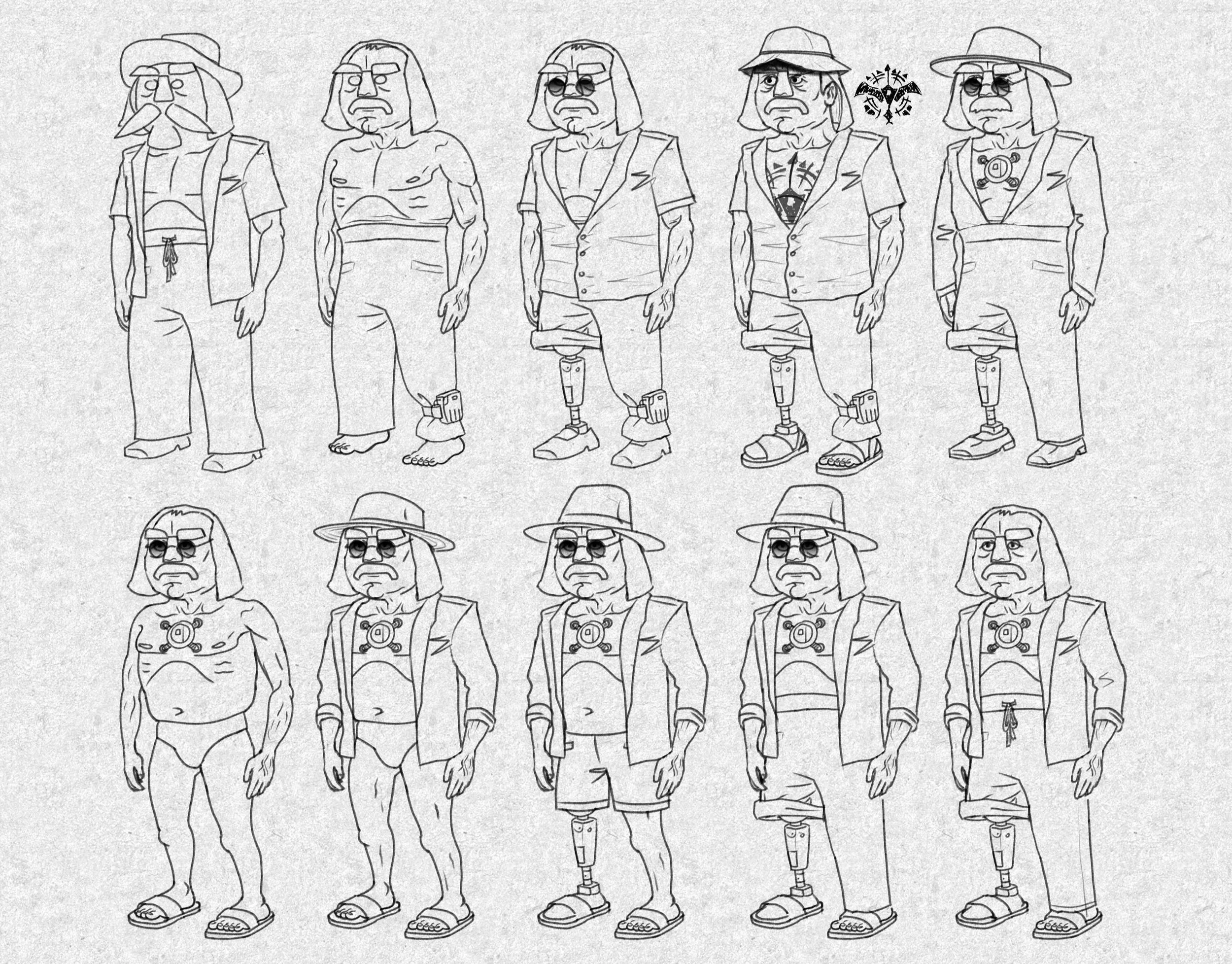 I expand on the idea and quickly go through some ideas and outfit options. I want to show his past as a great leader of galactic militaries and his current state as a VIP prisoner. I want his outfit to reflect his living environment which is tropical