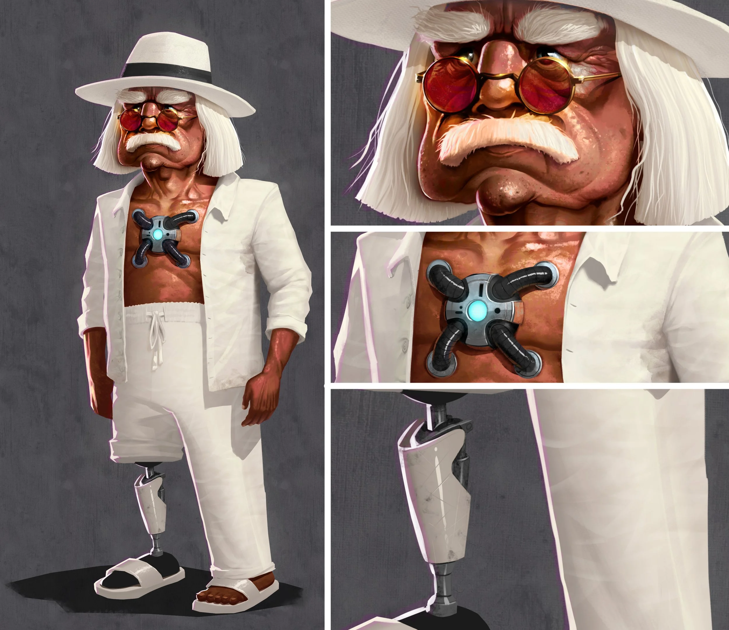 Next I explore the character in a fully rendered concept image. At this stage I want to capture the final look with proportions, shapes, all the details and different materials.