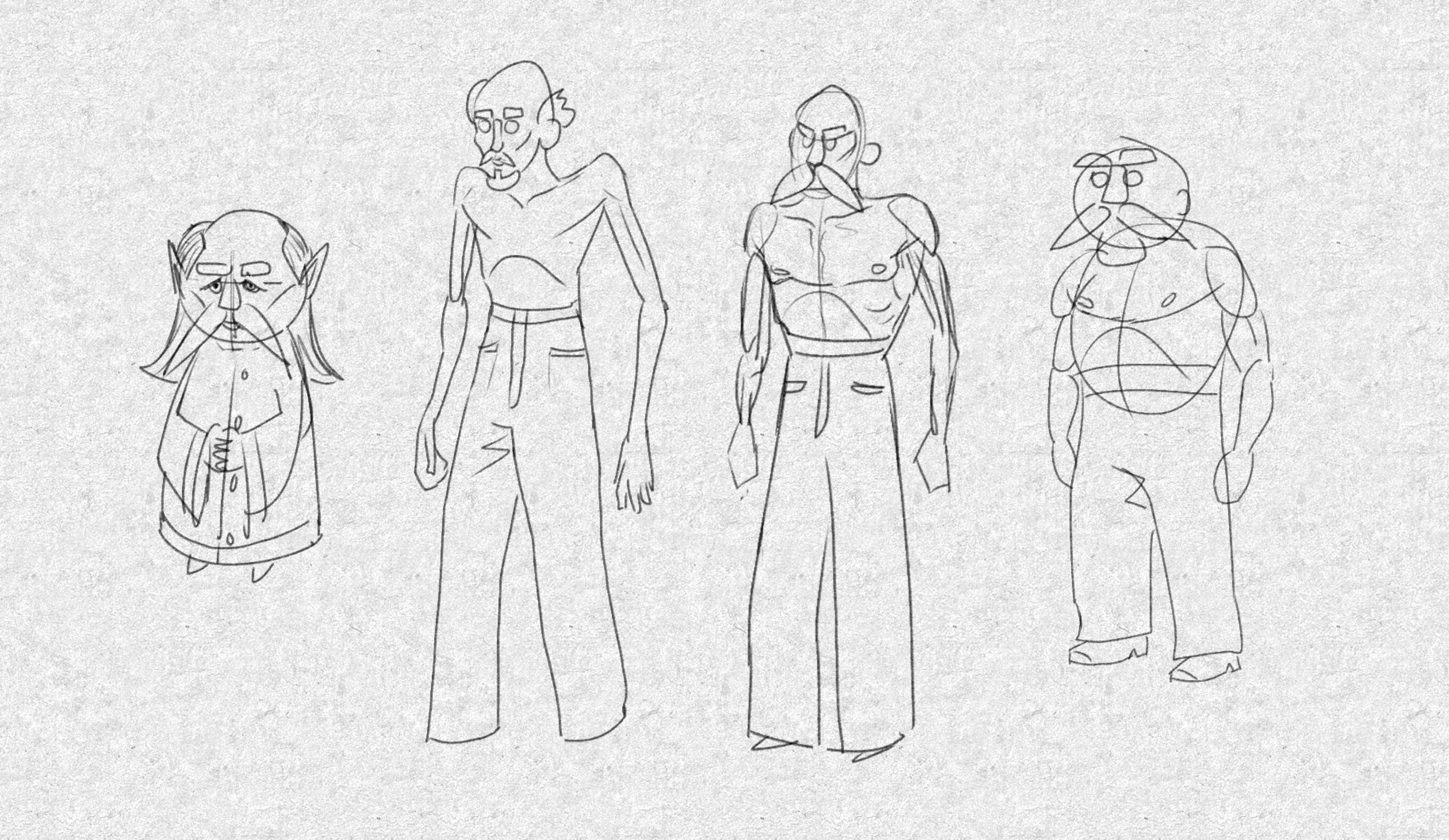 I start off exploring the big shapes. On the fourth try, I arrive at proportions that I feel could work for this character based on the rough vision in my mind and also what I think could work as a base for a good readable 3D game character.