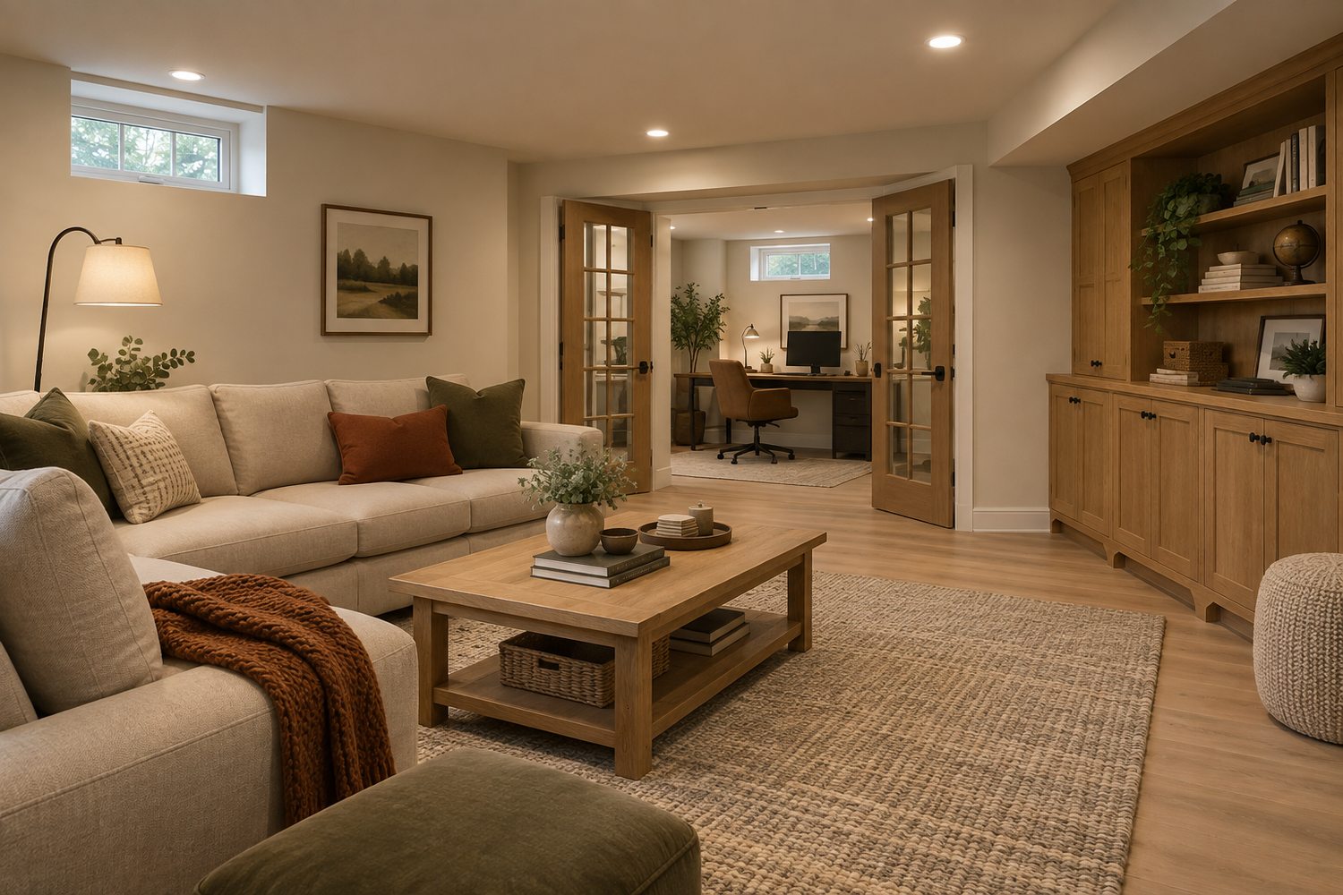 AI-generated basement inspiration with a comfortable lounge, a separate home office behind glazed doors, and oak storage cabinetry.
