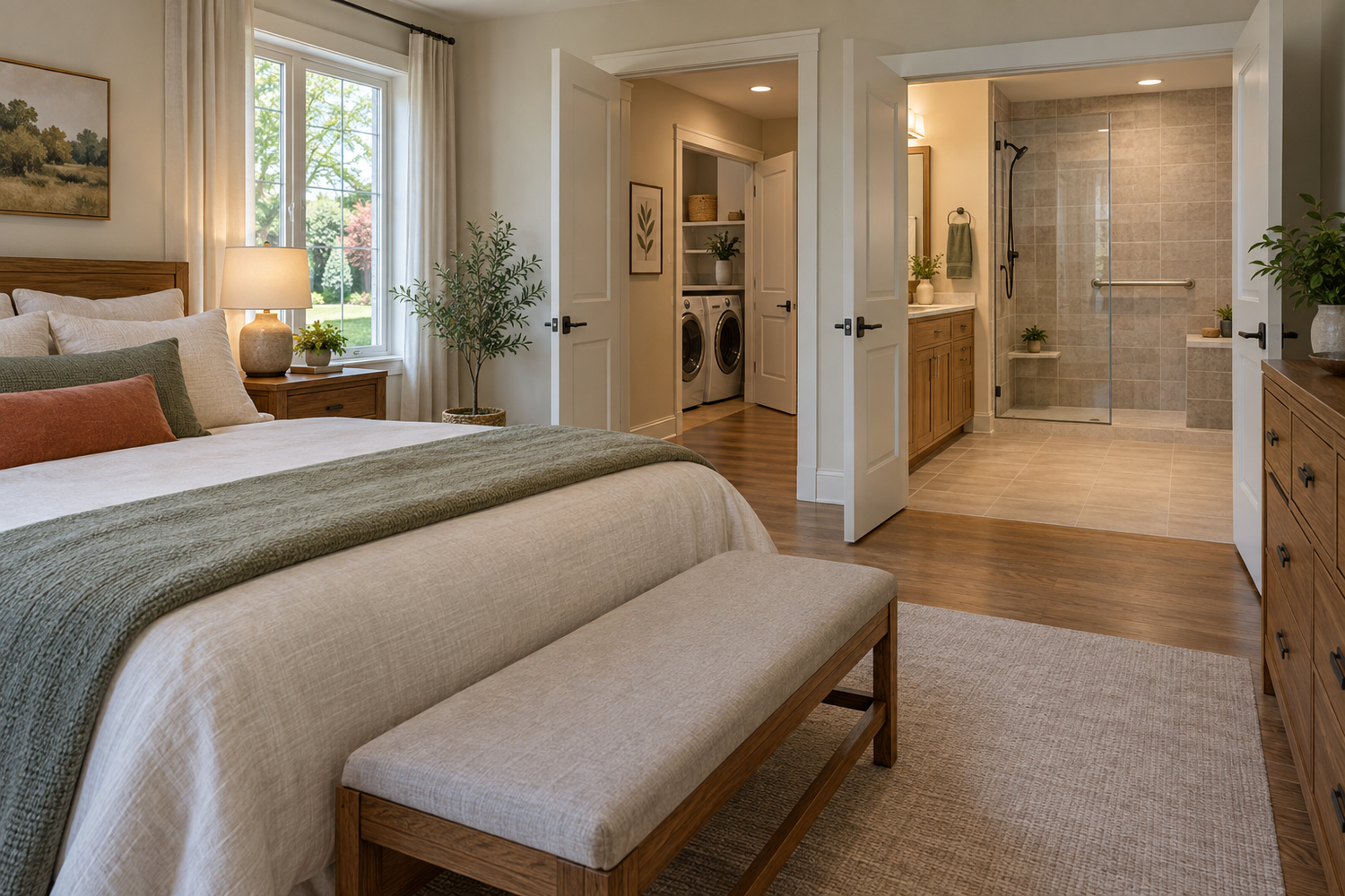 AI-generated first-floor suite inspiration with a warm bedroom, adjoining bathroom, and nearby laundry alcove.