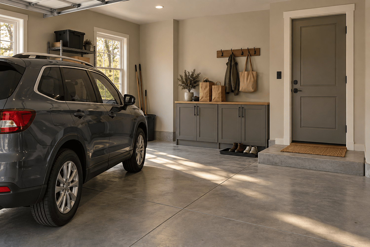 AI-generated attached garage inspiration with a parked SUV, clear walking route, entry storage, and a closed solid door into the home.
