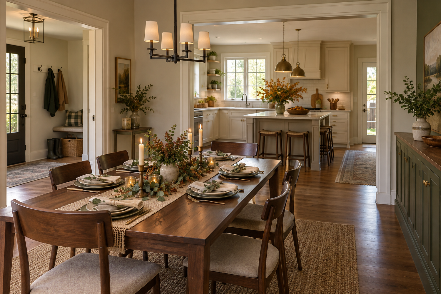 AI-generated inspiration showing a dining table set for a gathering, a kitchen beyond a wide cased opening, and a practical entry nearby.