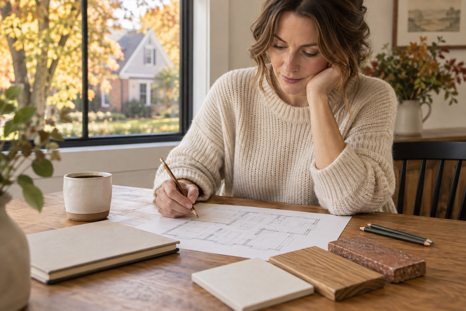 AI-generated inspiration showing a homeowner reviewing a conceptual floor plan with material samples and a view of autumn trees.