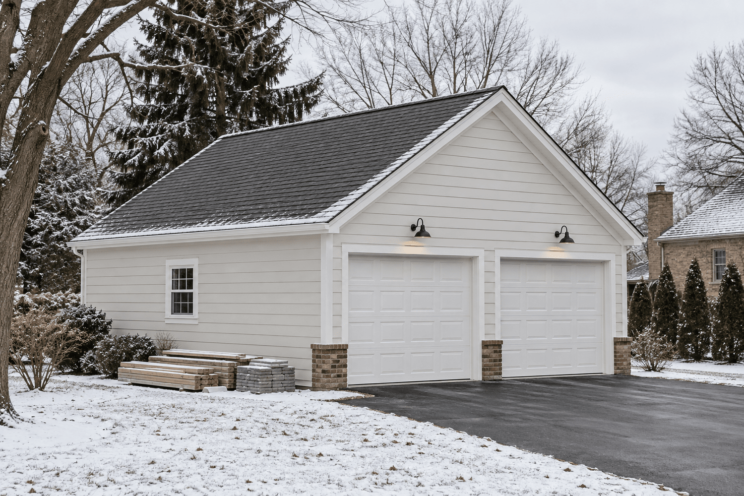 AI-generated inspiration showing an enclosed detached garage under construction with light snow on the surrounding lawn and a clear driveway.
