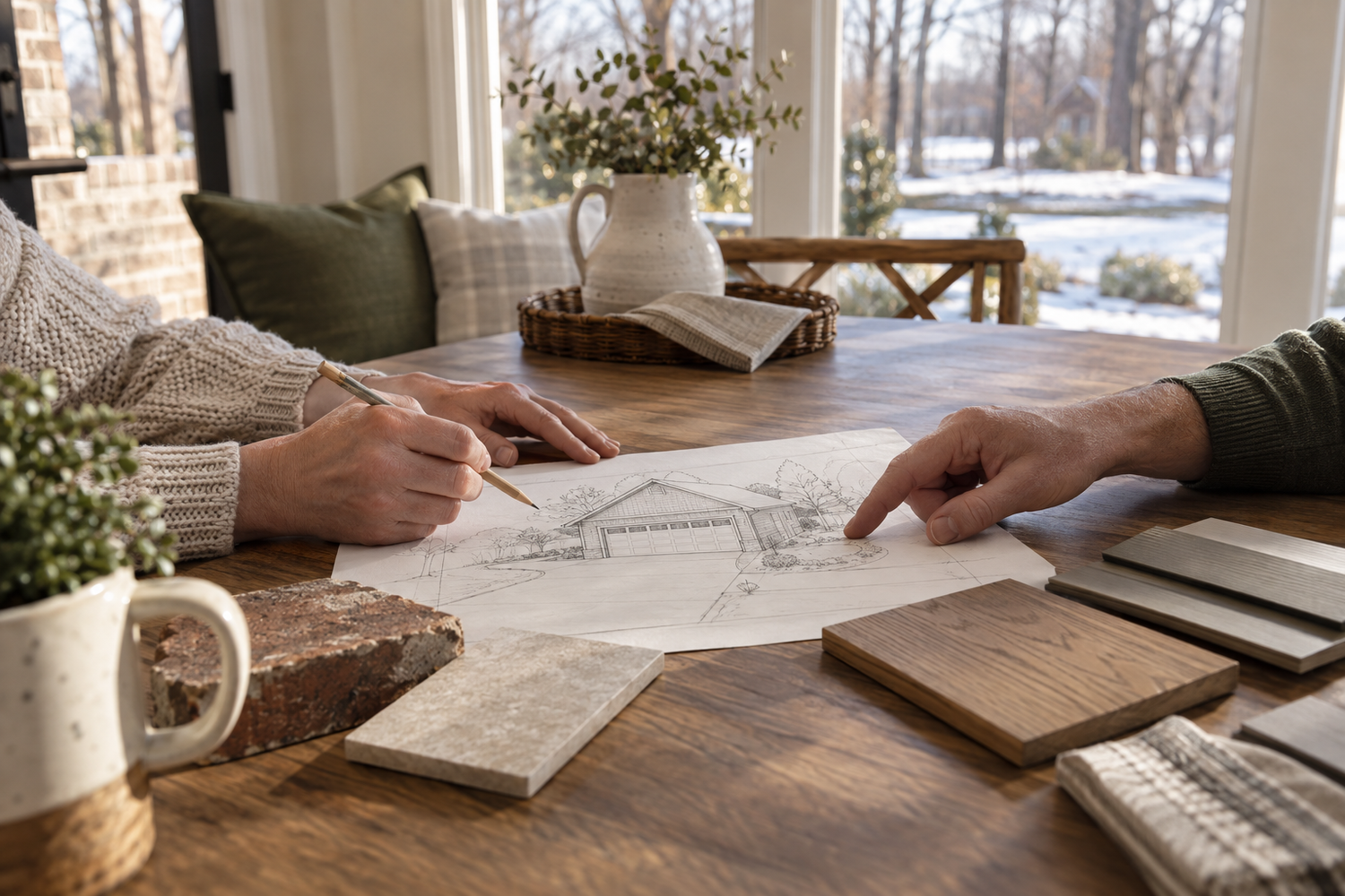 AI-generated inspiration showing two homeowners reviewing a conceptual garage drawing and exterior material samples at a table in late winter.