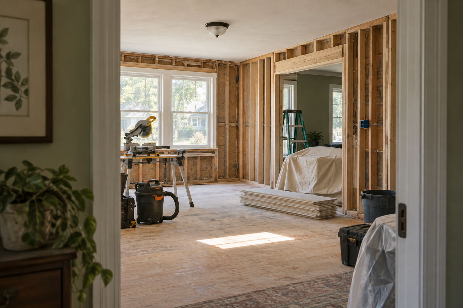 AI-generated illustration of a room midway through renovation, with exposed framing, organized tools, and covered materials.