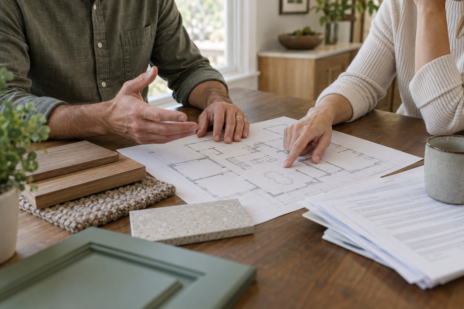 AI-generated illustration of a homeowner and contractor discussing a conceptual floor plan, paperwork, and finish samples at a table.