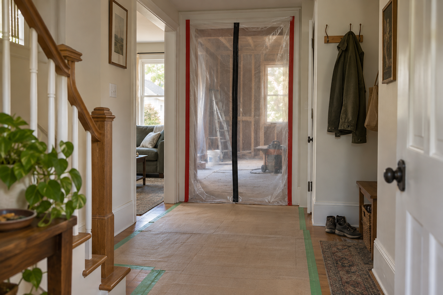 AI-generated illustration of a renovation area with a temporary dust barrier and floor protection beside a furnished living space.