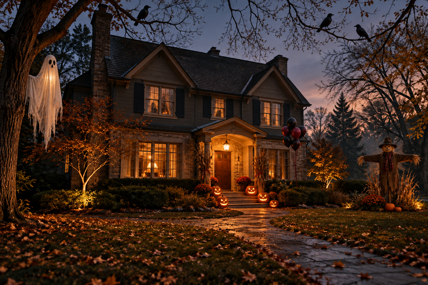 AI-generated Halloween illustration of a home at dusk with carved pumpkins, a scarecrow, crows, balloons, and a ghost decoration.