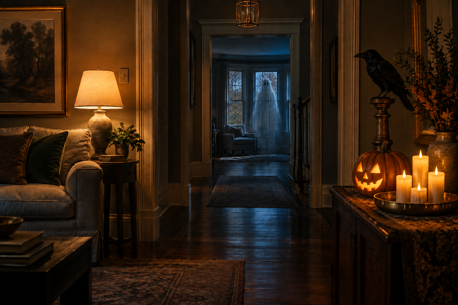 AI-generated Halloween illustration of a hallway with a floating ghost in a cool room, a pumpkin, a crow, and melted-candle props.