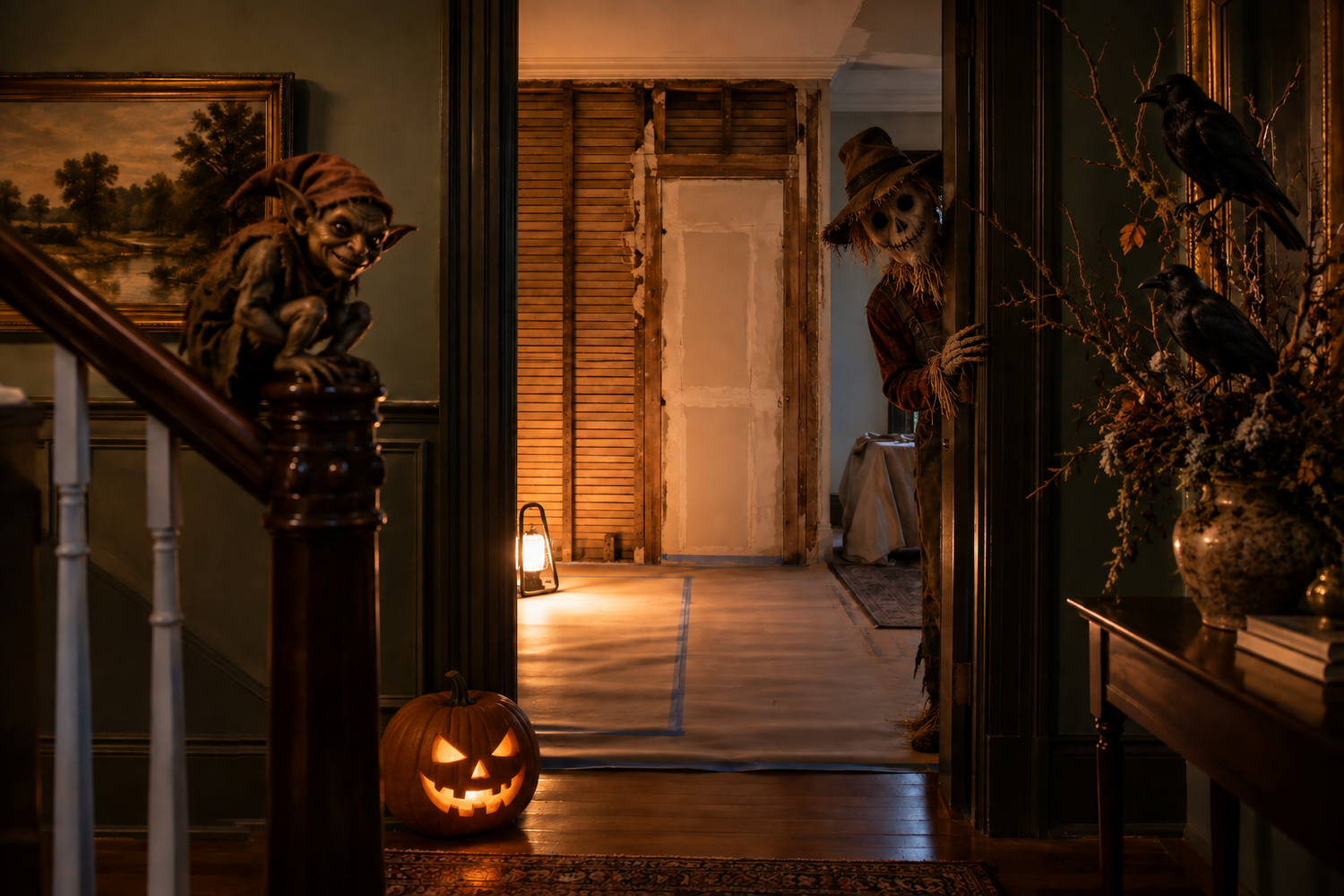 AI-generated Halloween illustration of an older renovation with exposed framing, a scarecrow, a goblin, crows, and a carved pumpkin.