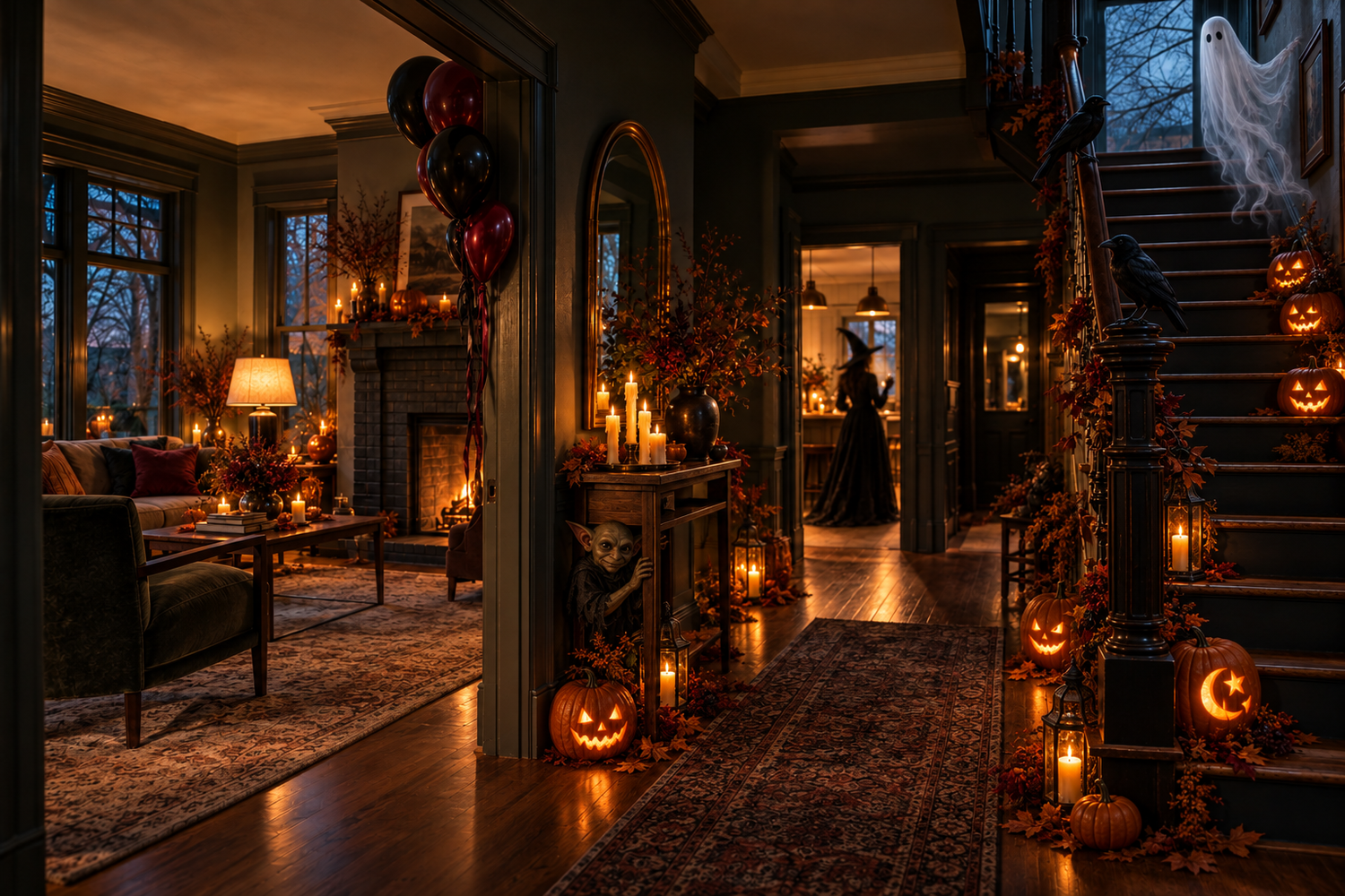 AI-generated Halloween illustration of an older home filled with carved pumpkins, a ghost, a witch, a goblin, crows, balloons, and candle props.