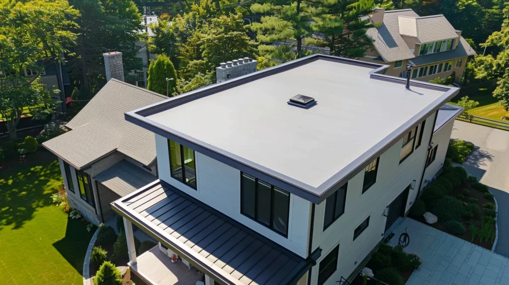 Low-slope flat roof with membrane surface on modern home addition.