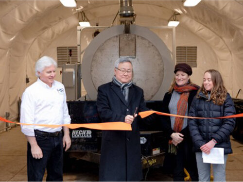Gina Talt (far right) at the ribbon cutting ceremony of Princeton University’s new biodigester, which converts food scraps into nutrient-rich compost, on January 8, 2019.