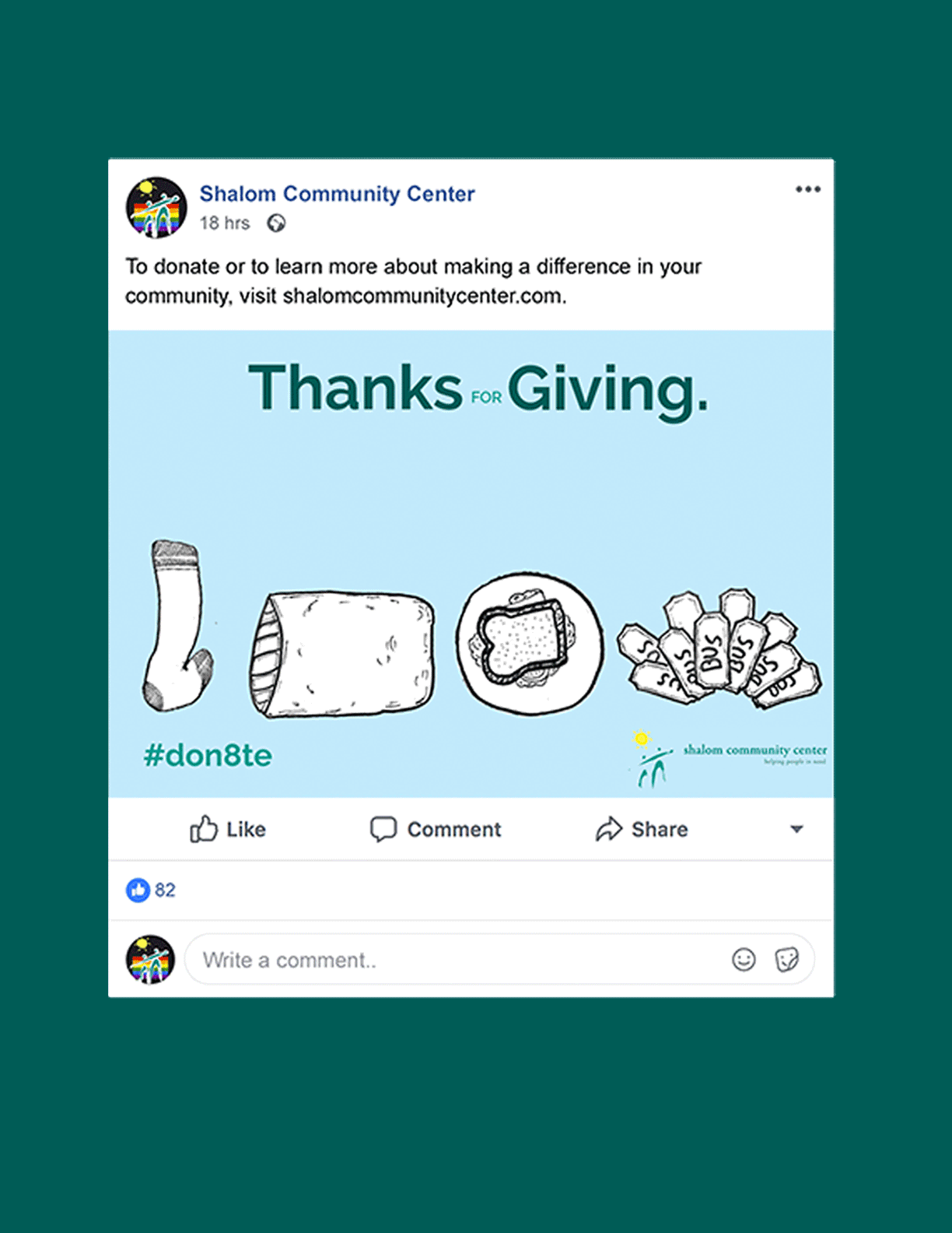  The Shalom Community Center can post this fun, animated, and artistic illustration to thank donors for their contributions during the holiday season. 