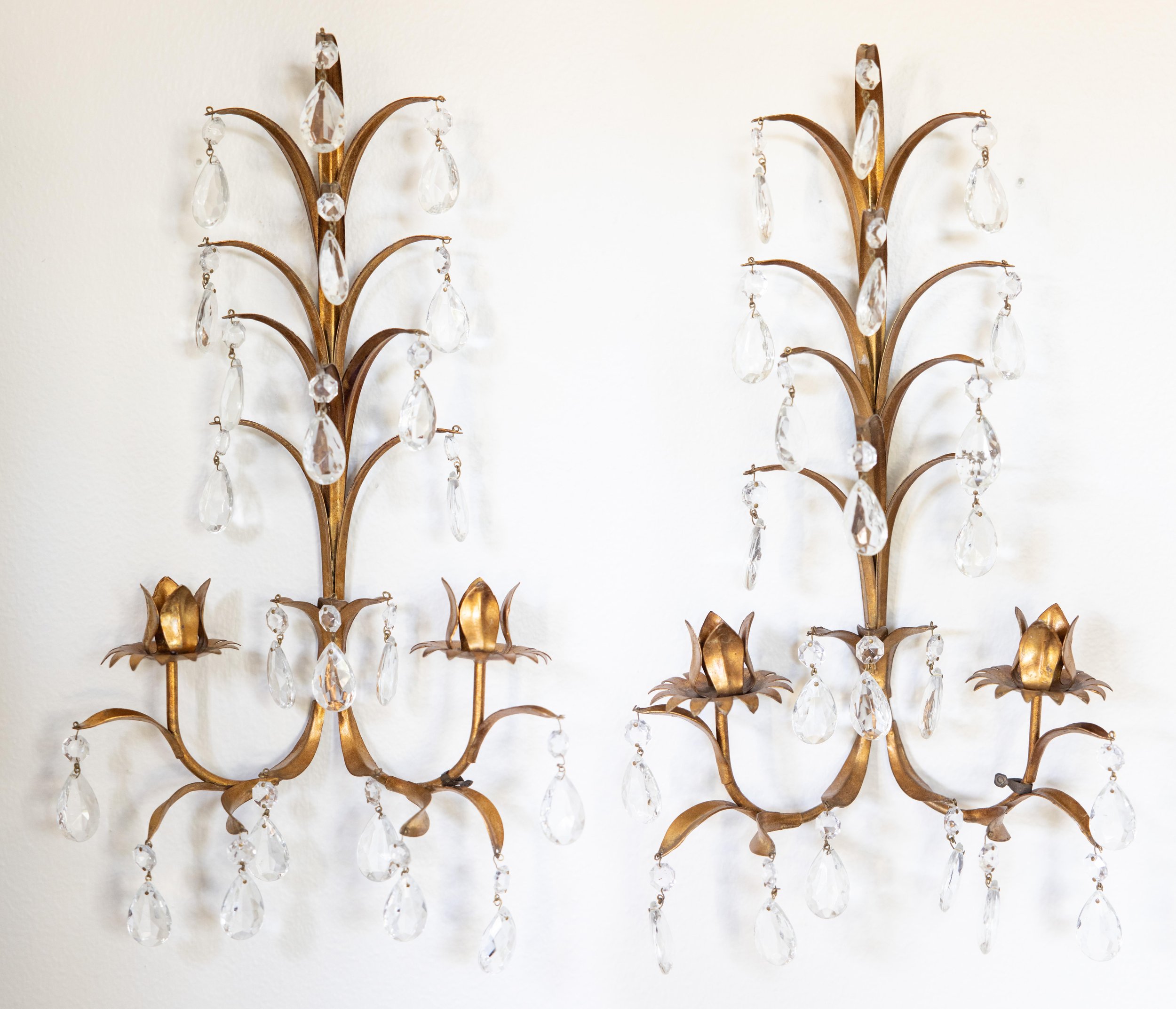 Vintage Italian Gilt Tole & Crystals Candelabra Candle Sconces, a Pair