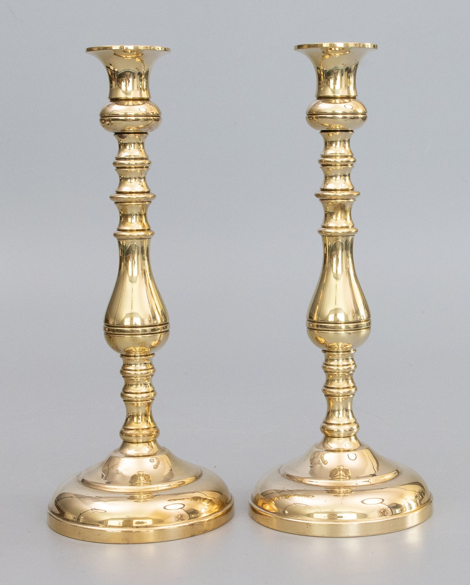 19th Century English Queen Anne Style Polished Brass Candlesticks, a Pair —  Jensen House Antiques