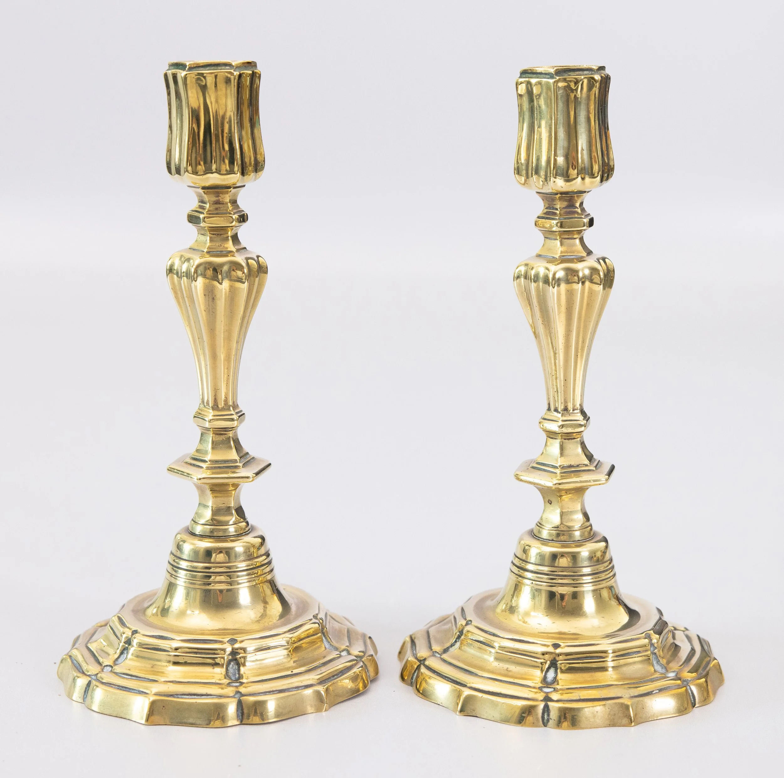 Antique Art Nouveau English Brass Candlesticks, a Pair