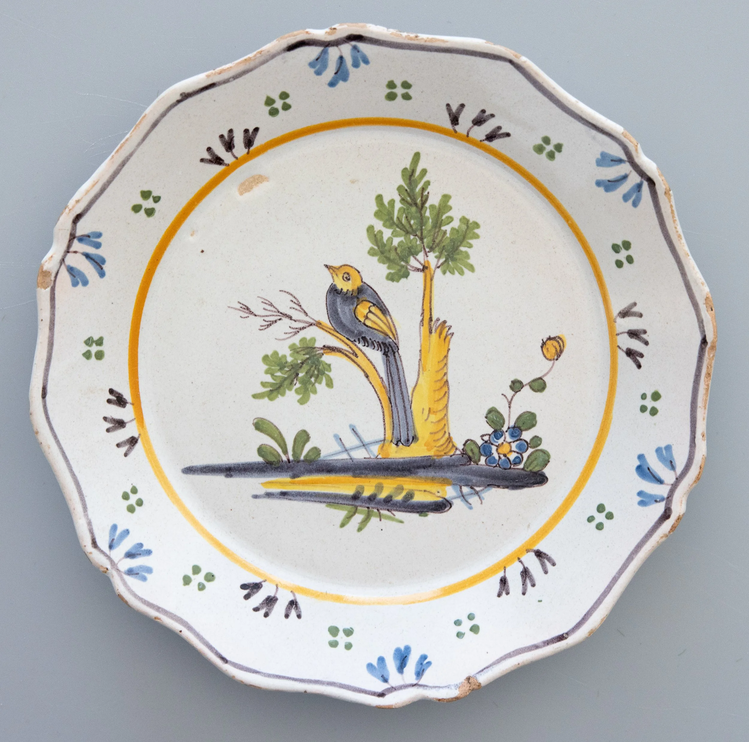 Nevers Bird 18th Century Polychrome Tin-Glazed Faïence Plate