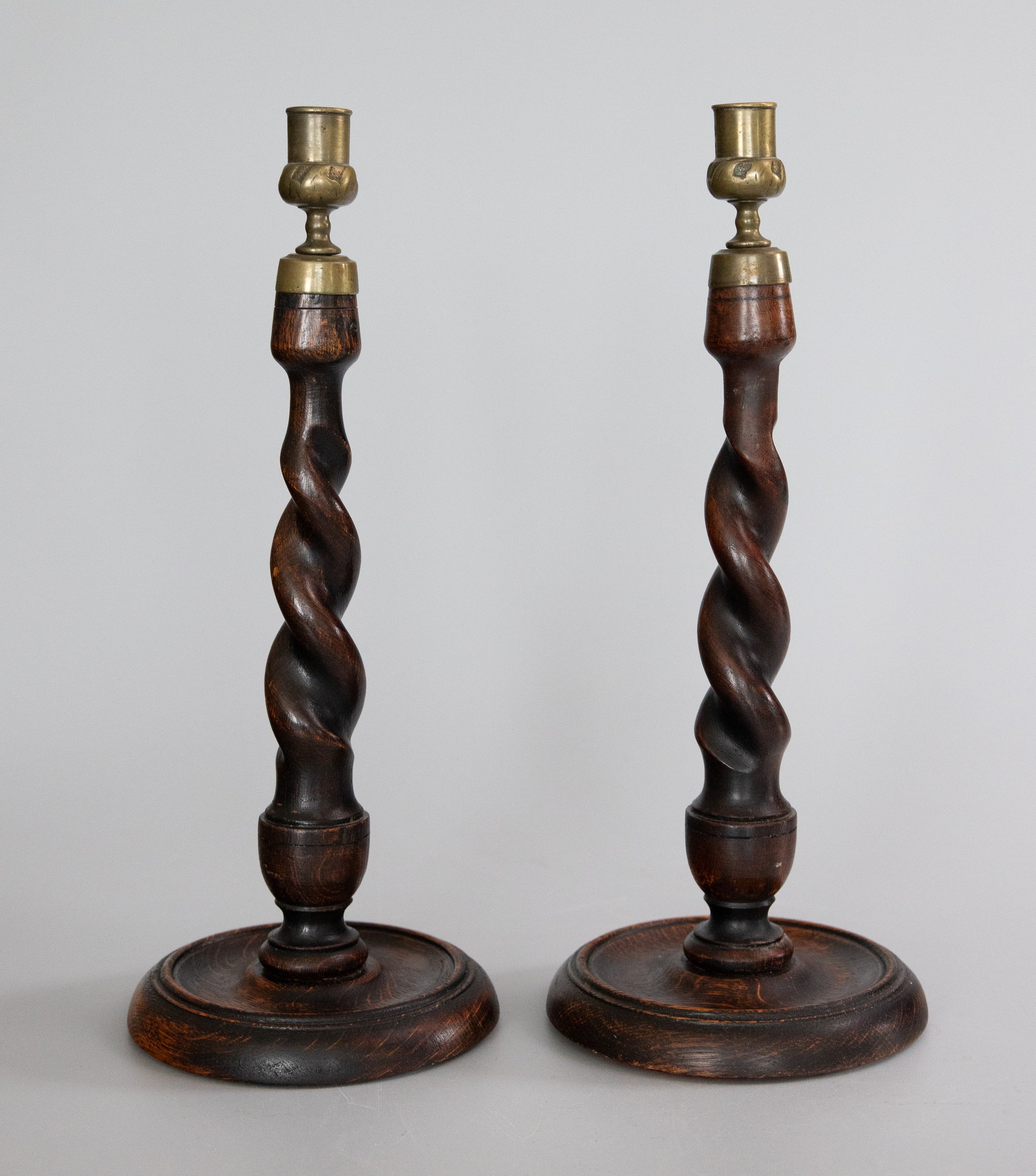Tall Antique English Barley Twist Oak Candlesticks, a Pair