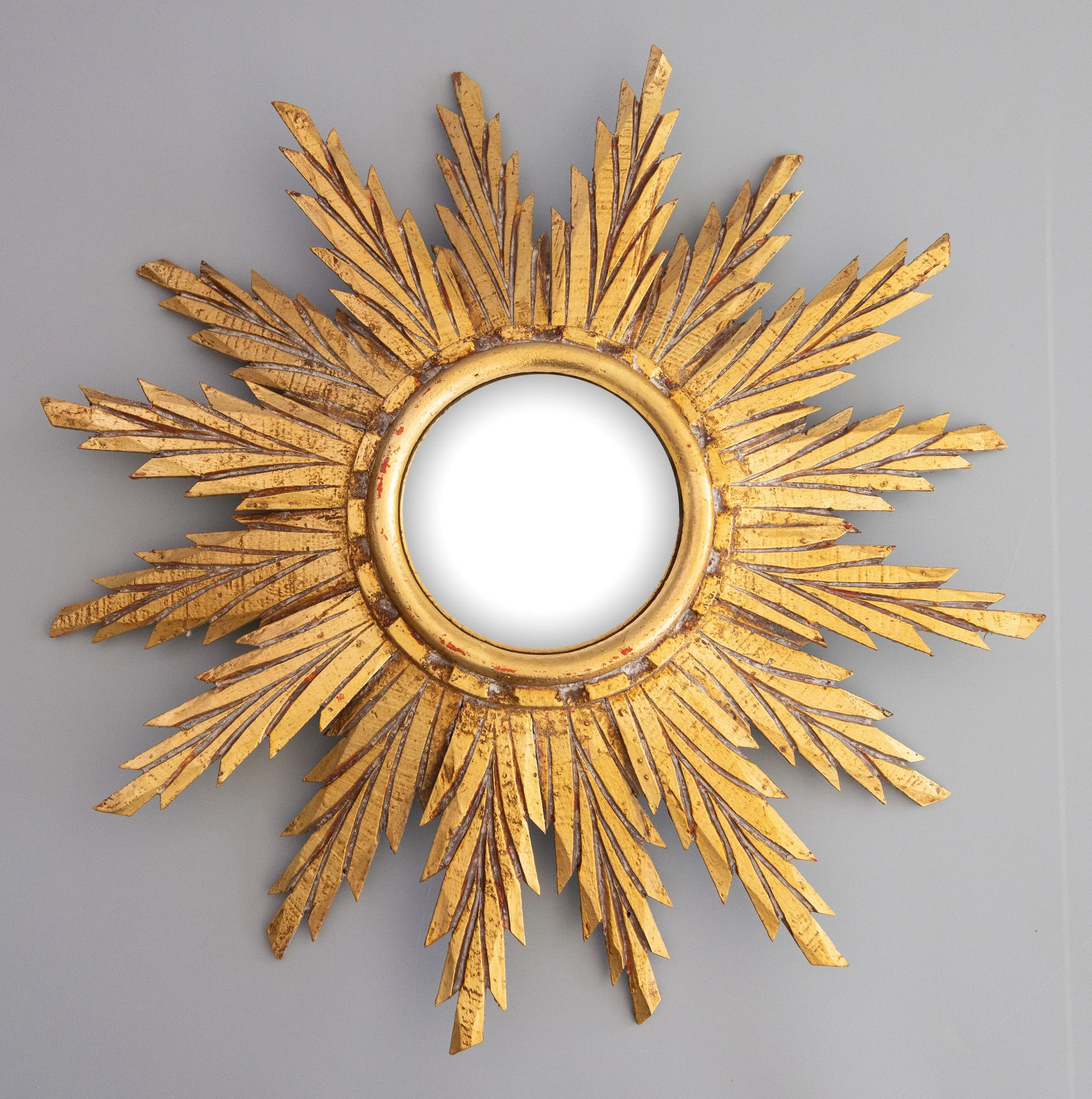 Vintage Mid Century French Giltwood Sunburst Convex Mirror