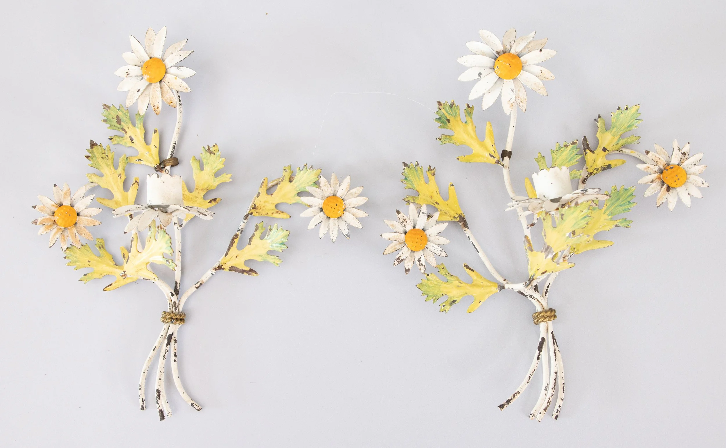 Vintage Italian Tole Daisies Floral Candle Sconces, a Pair