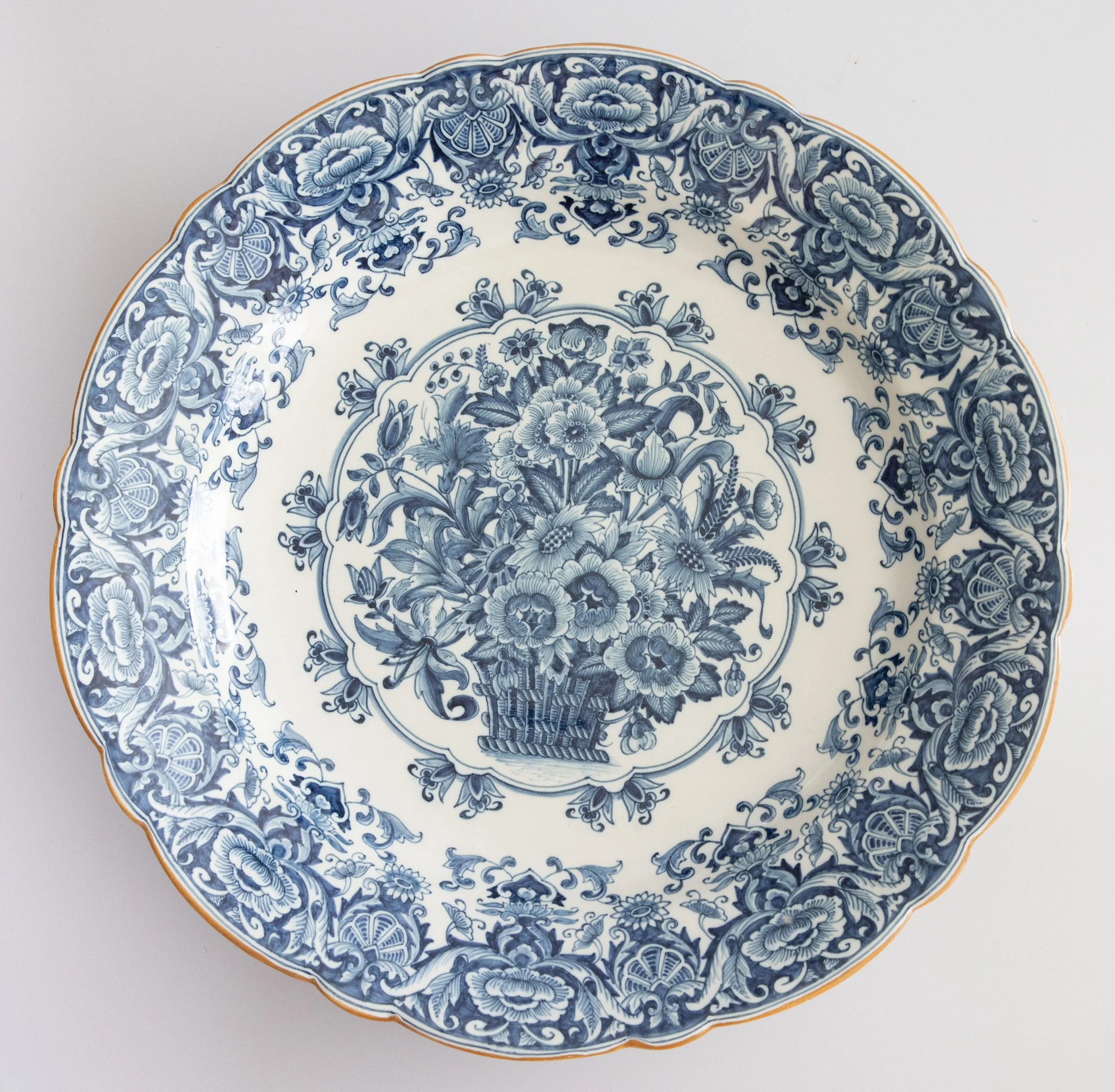 Monumental Antique Dutch Delft Makkum Scalloped Floral Wall Charger Plate