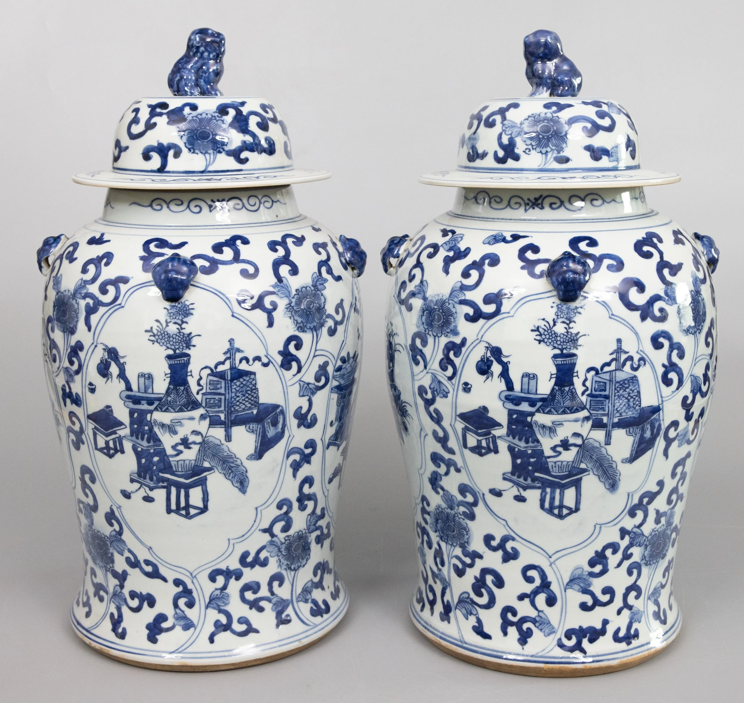 Large Vintage Chinese Blue and White Foo Dog Temple Ginger Jars, a Pair