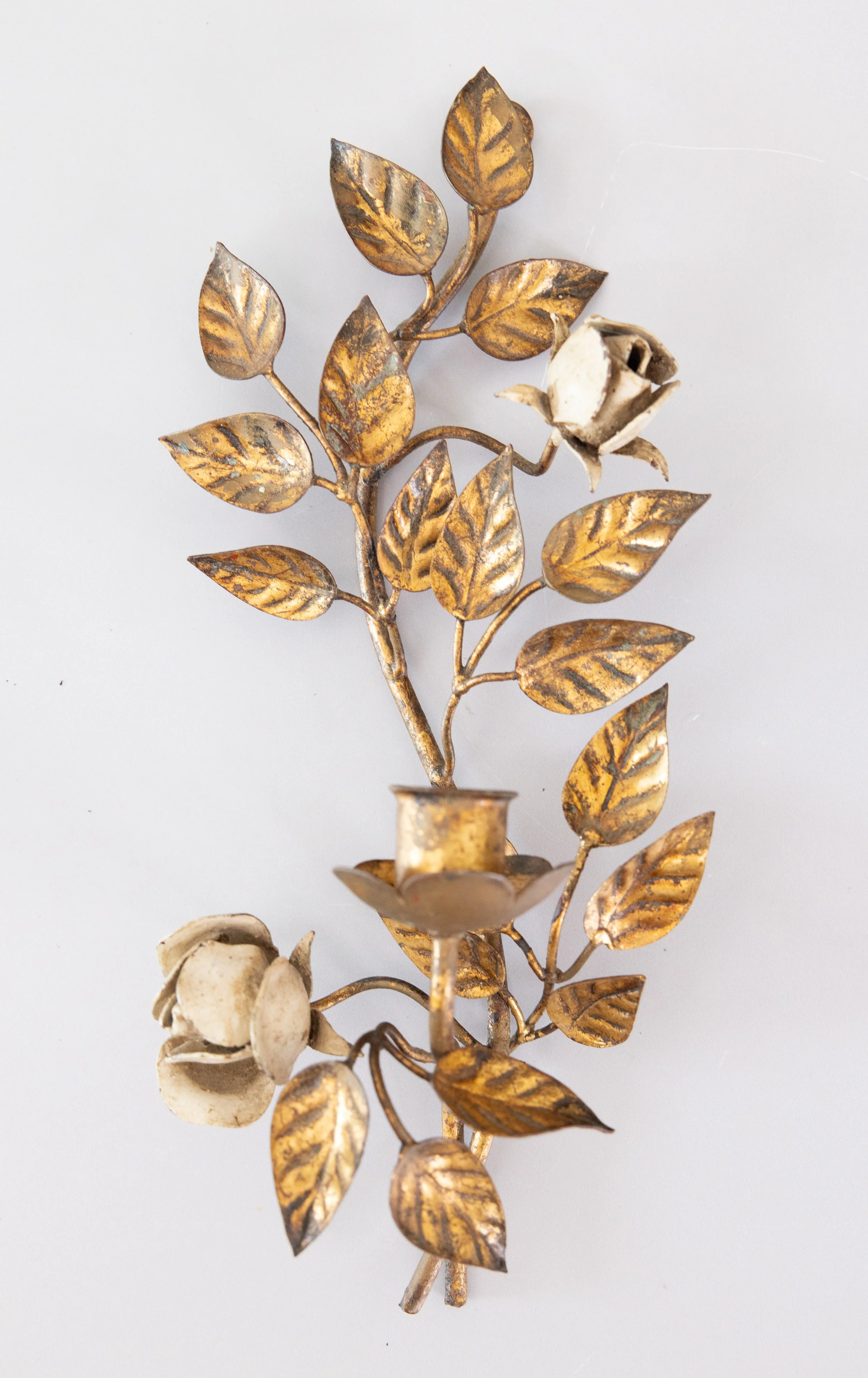 Vintage Italian Gilt Tole & White Roses Candle Sconce