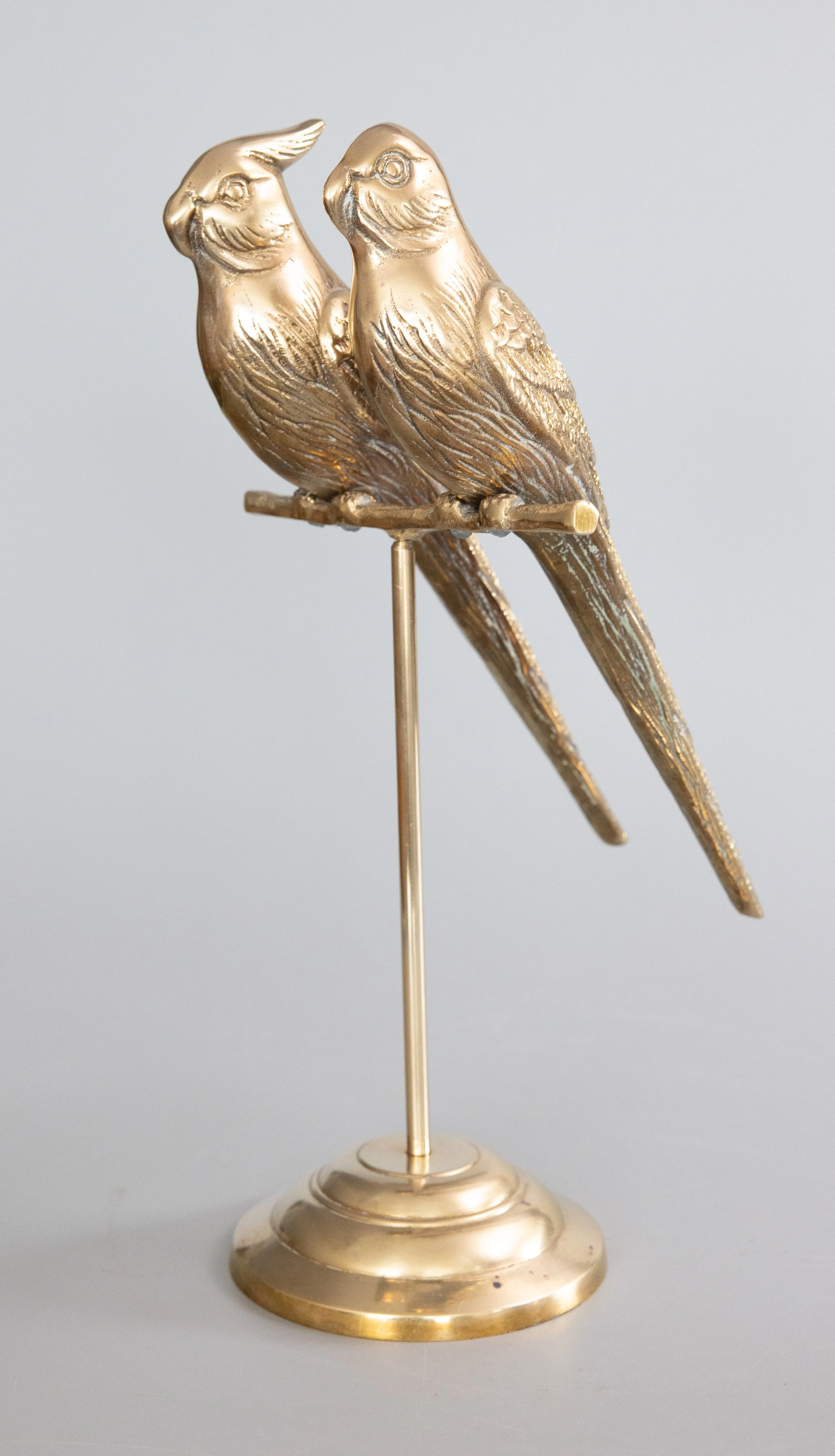 Mid-Century Brass Parrots Lovebirds Perched on a Stand