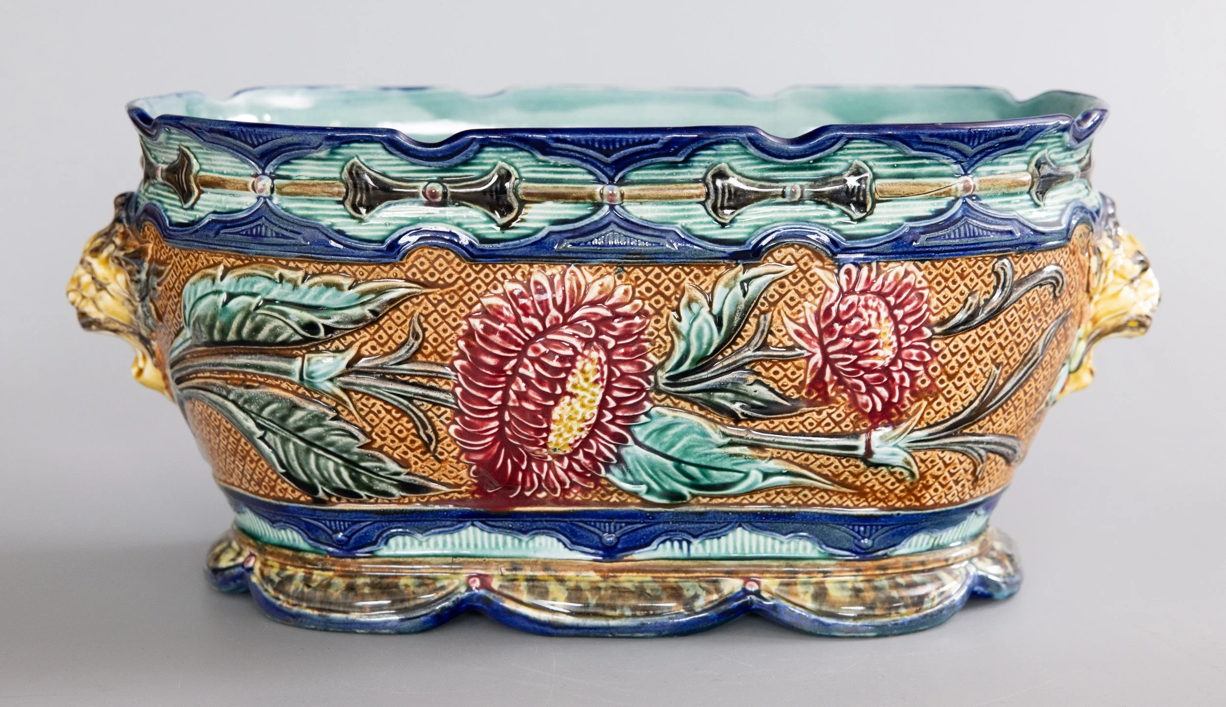 Antique Wasmuel Majolica Barbotine Sunflower Jardiniere Cachepot, Circa 1880