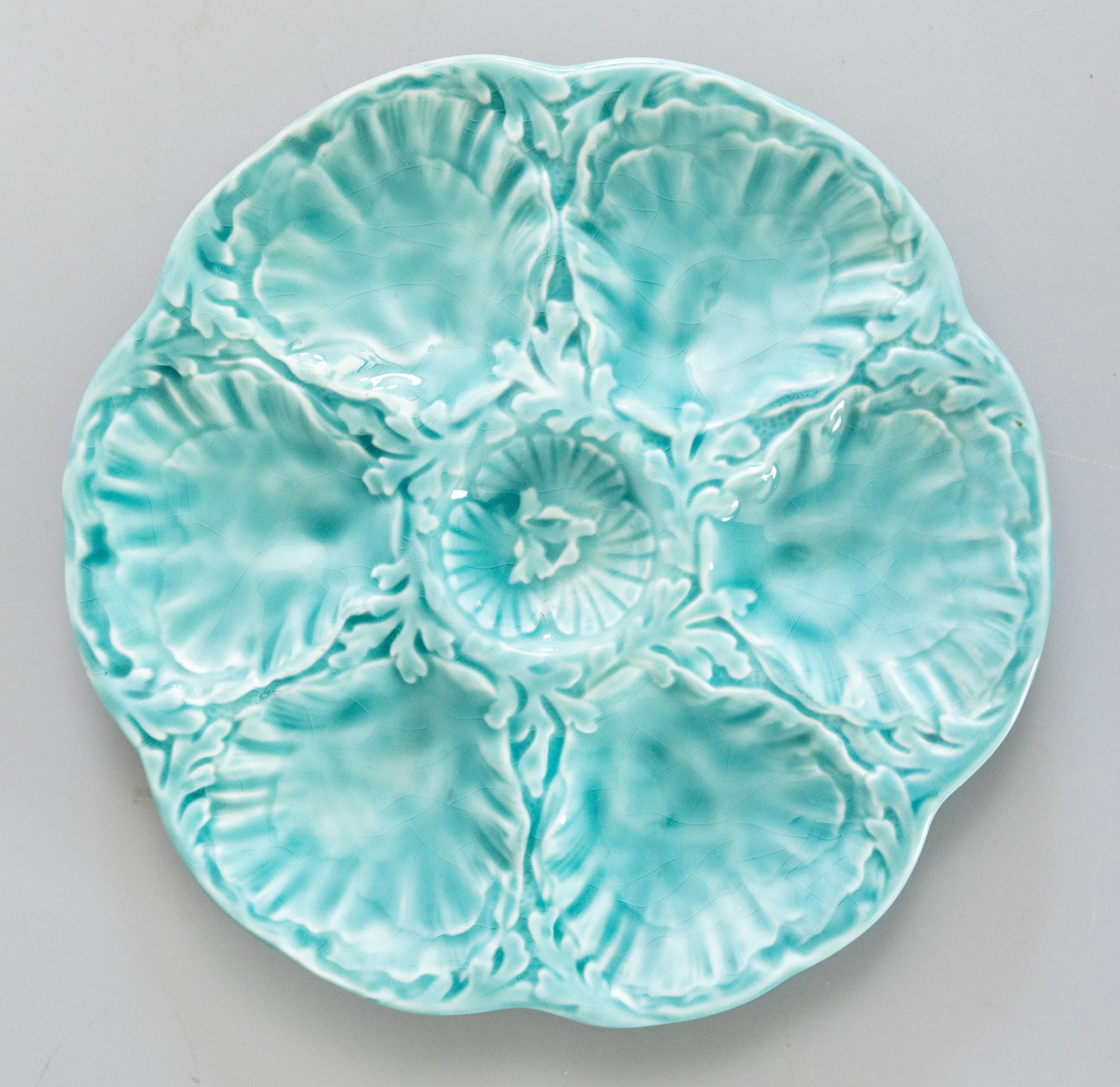 Vintage French Gien Turquoise Majolica Oyster Plate