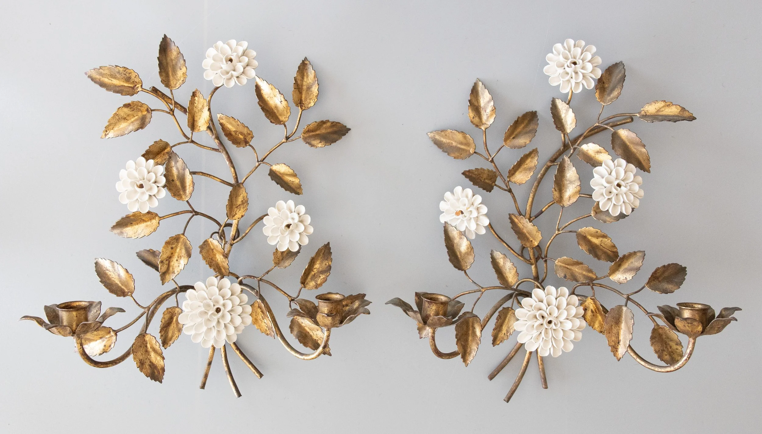 Romantic Vintage Italian Gilt Tole & White Porcelain Dahlia Flowers Candle Sconces, a Pair