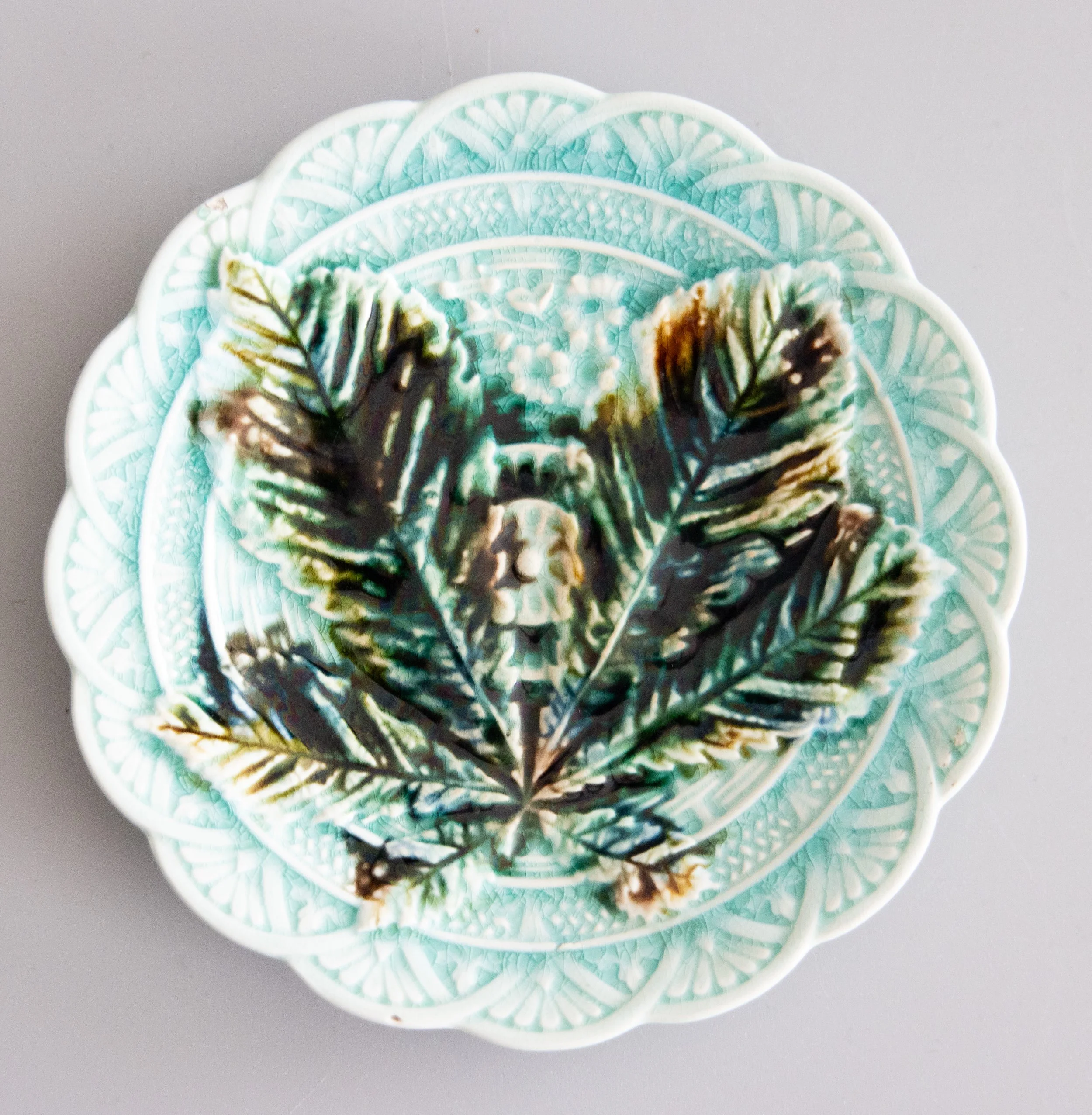 19th Century Swedish Rörstrand Majolica Turquoise Chestnut Leaf Dessert Plate